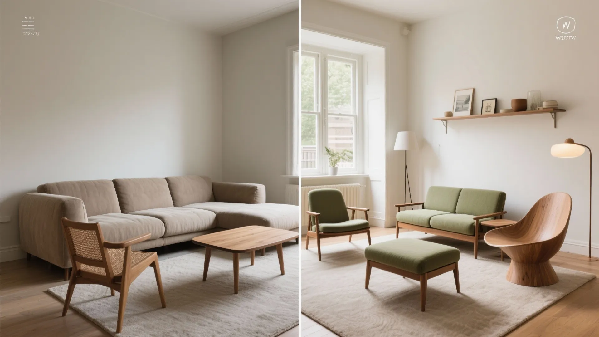 Before and after comparison of living room layout showing different furniture styles and green seating