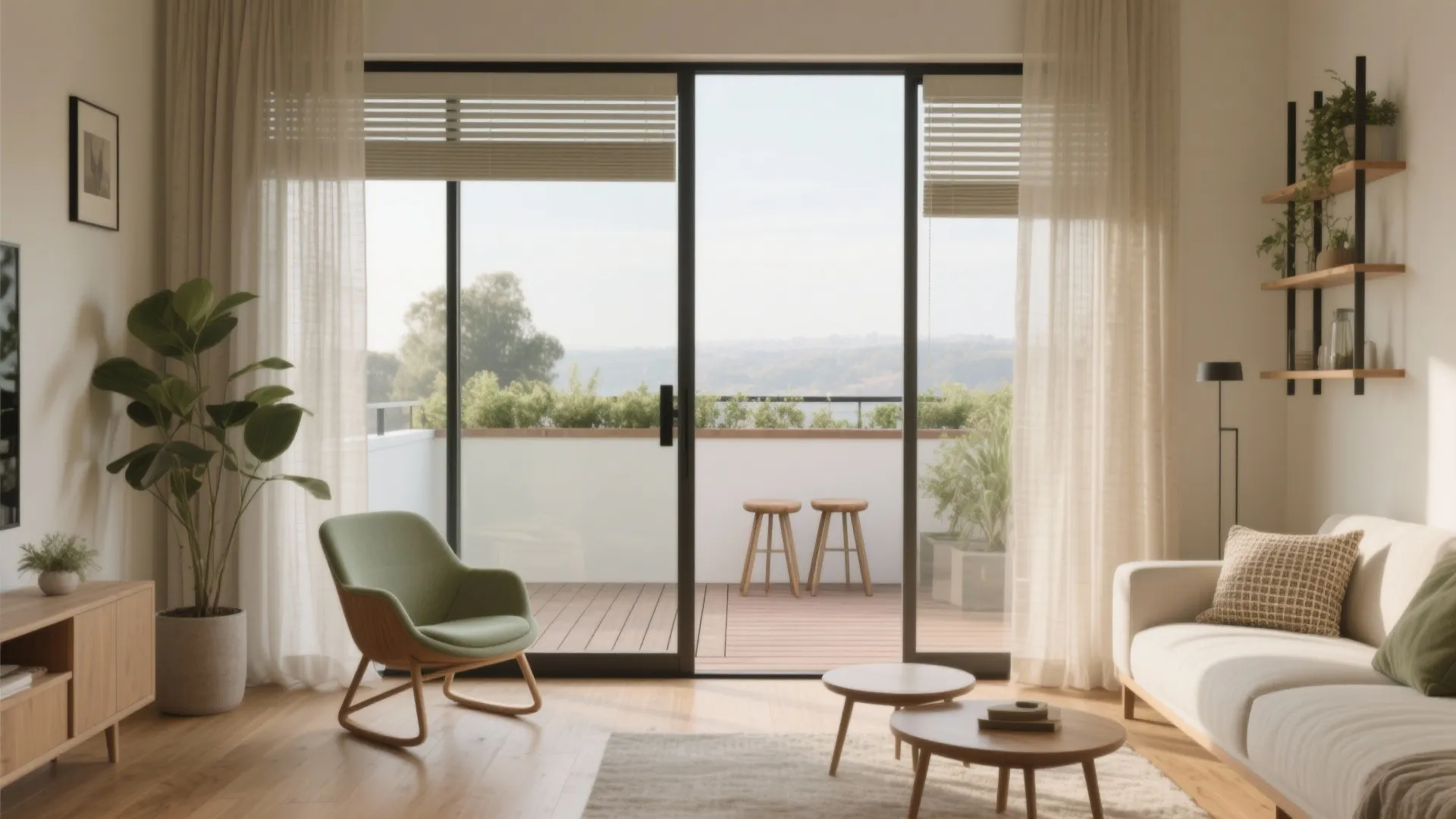 Modern living room with green chair wooden coffee table sofa and balcony with glass doors