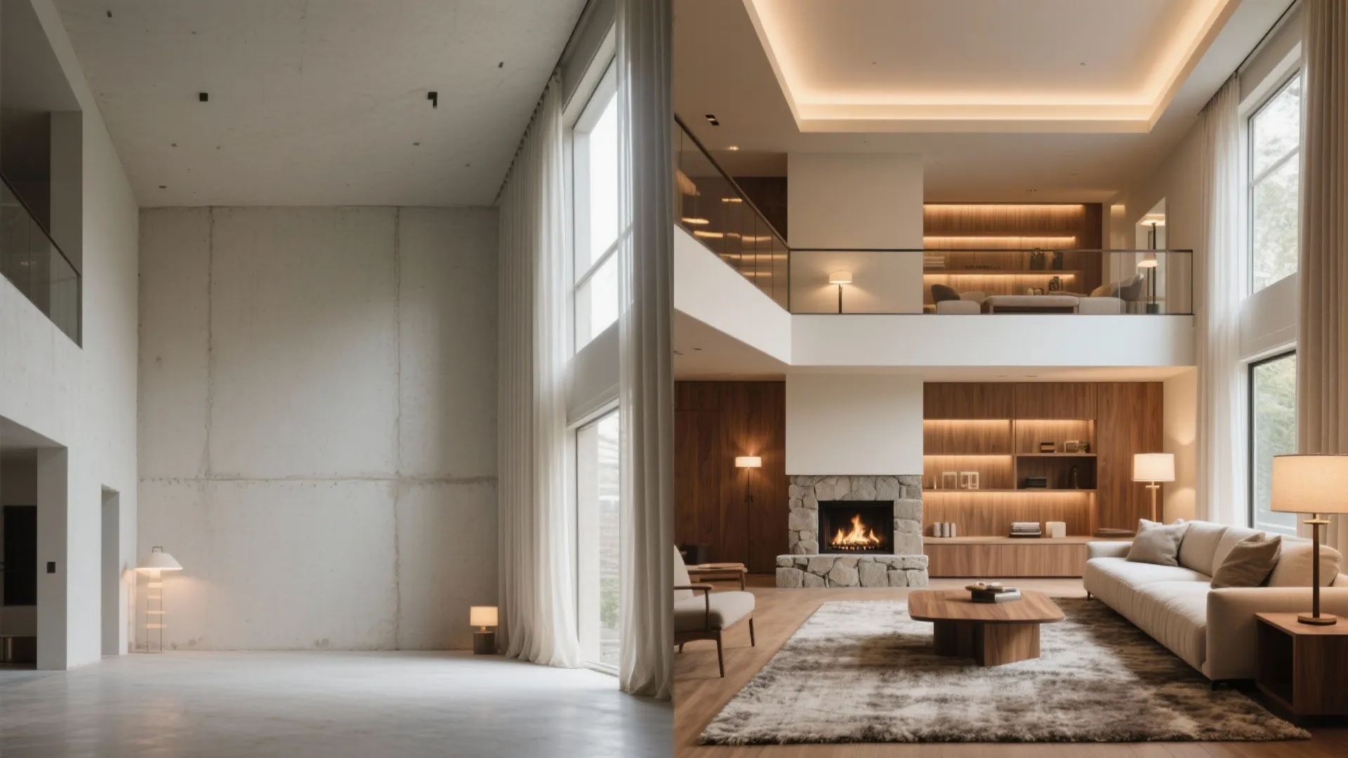 Double-Height Living Room With Layered Lighting