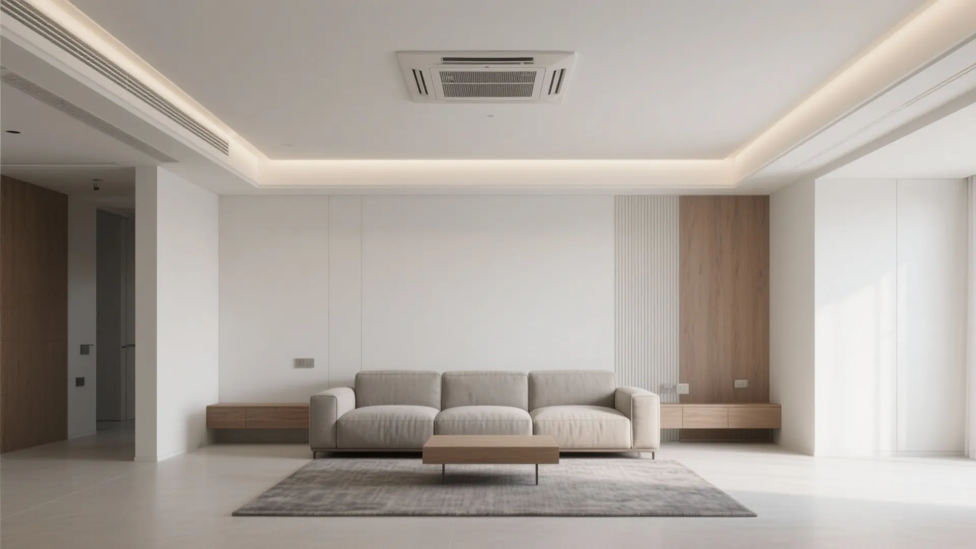 Minimalist living room featuring a grey sofa wooden coffee table grey rug and white wall panels