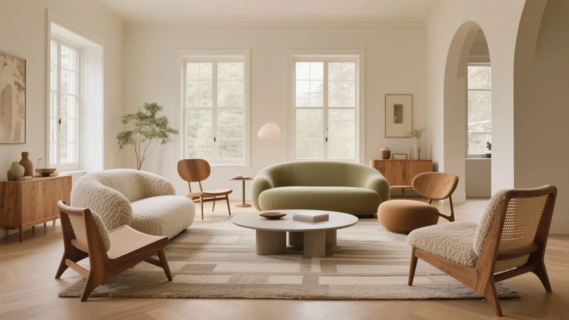 Bright living room with curved sofas and wooden chairs arranged around a round white coffee table