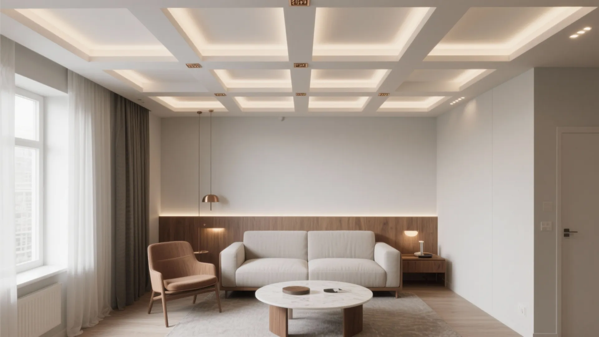 Geometric Coffers to Zone a Small Lounge