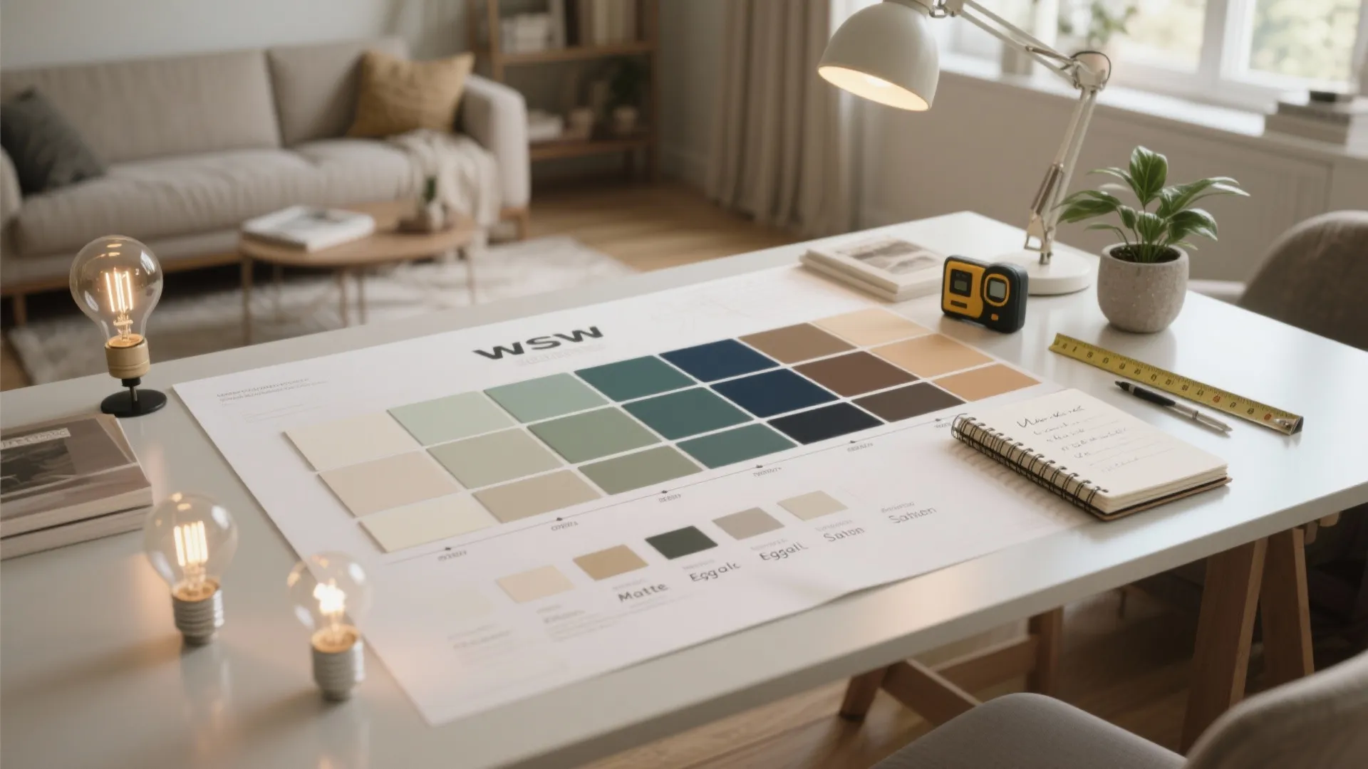 Desk with color palette paper notebook light fixture and ruler for home interior design planning