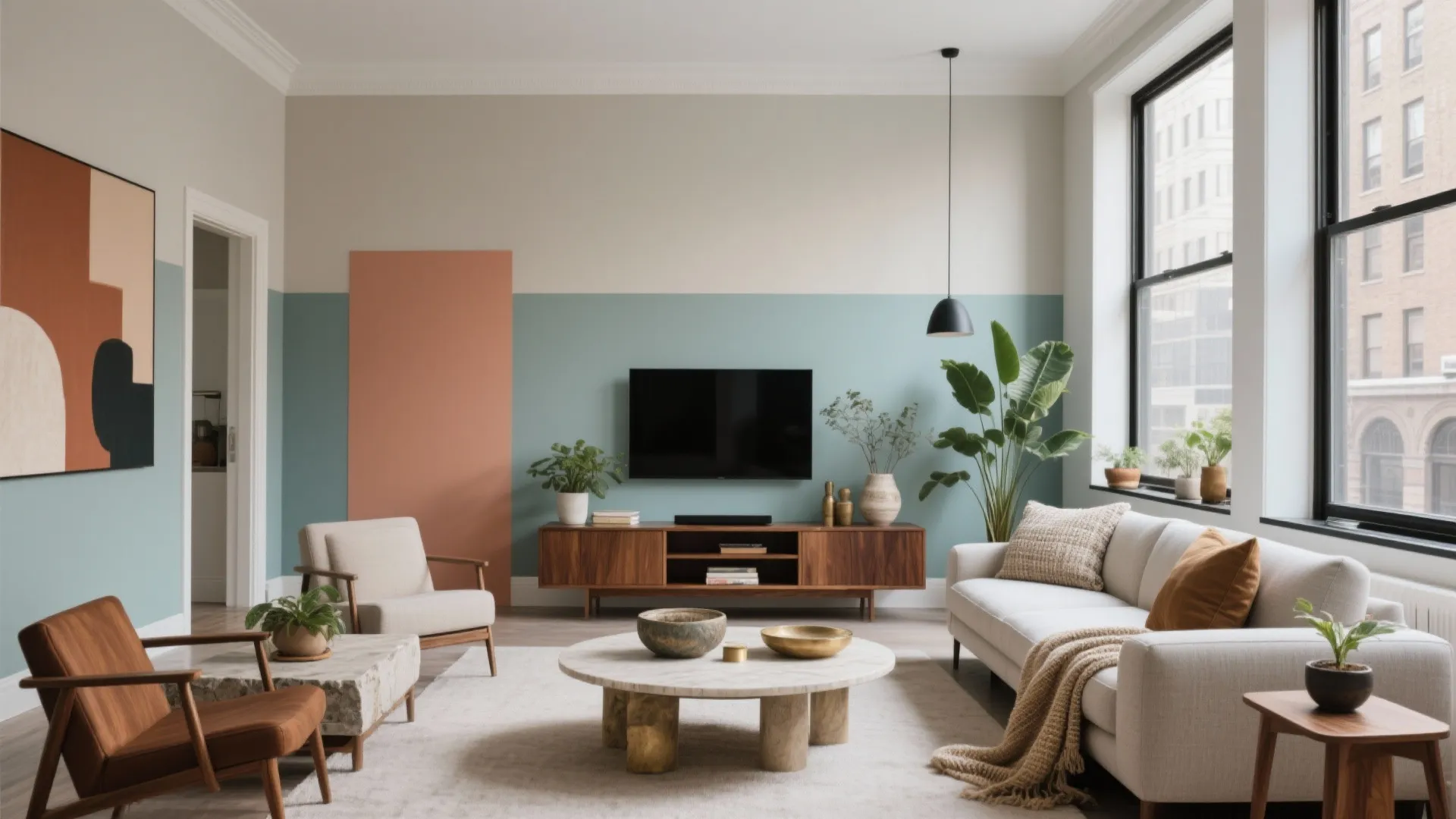 Modern living room with blue and peach walls white sofa round coffee table and wooden cabinet