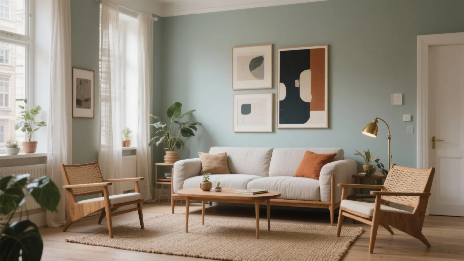 Modern living room with light blue walls white sofa wooden chairs and framed wall art