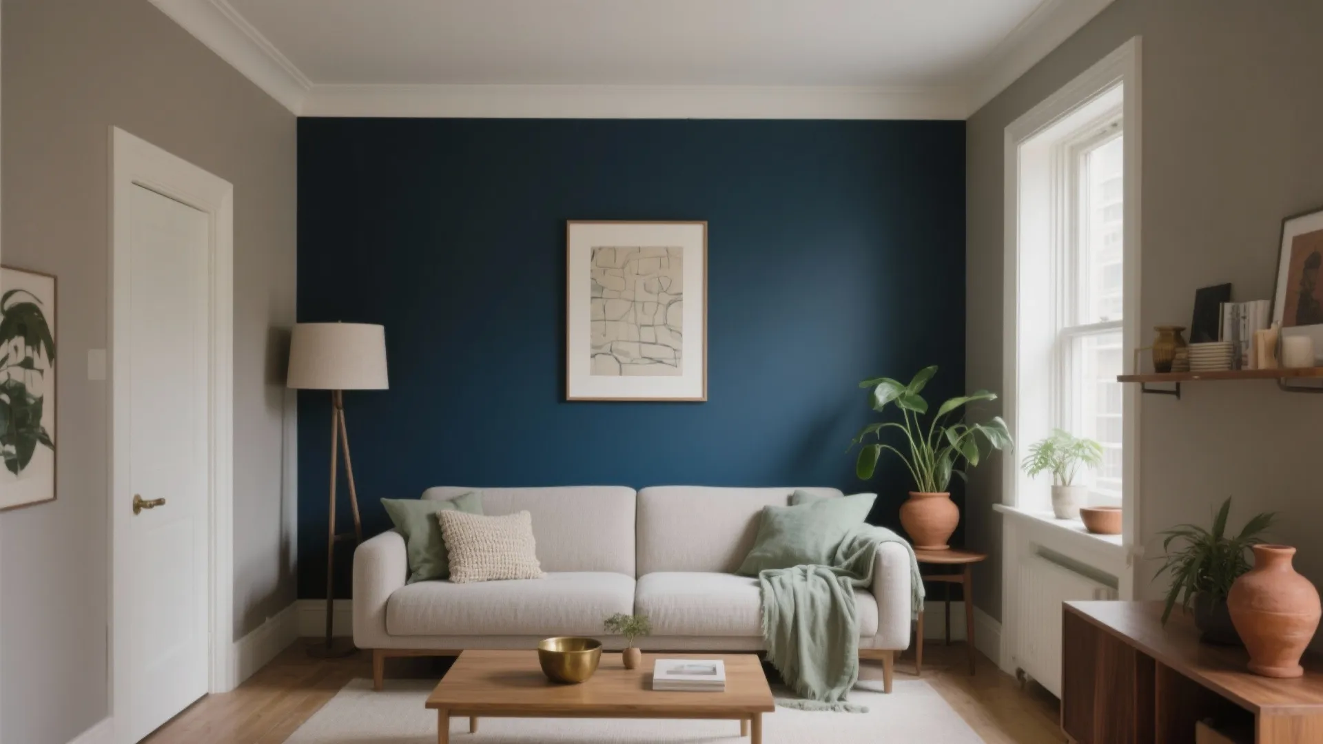 Modern living room featuring a dark blue wall with beige sofa wood table and plants