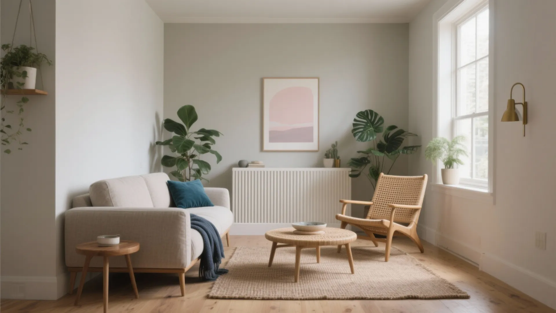 Modern bright living room with white sofa wooden round coffee table rug and green indoor plants