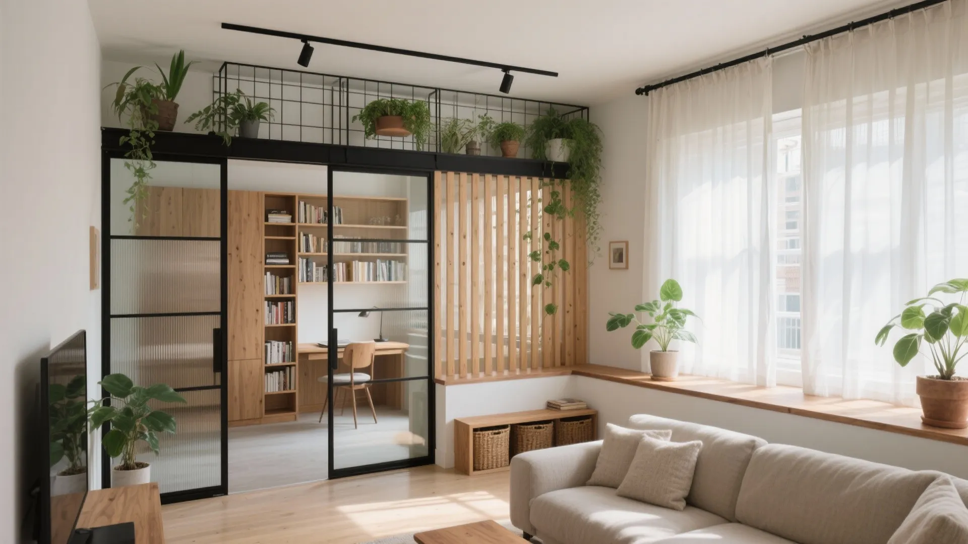 Bright living room with glass sliding door wood wall panel and plants near white window
