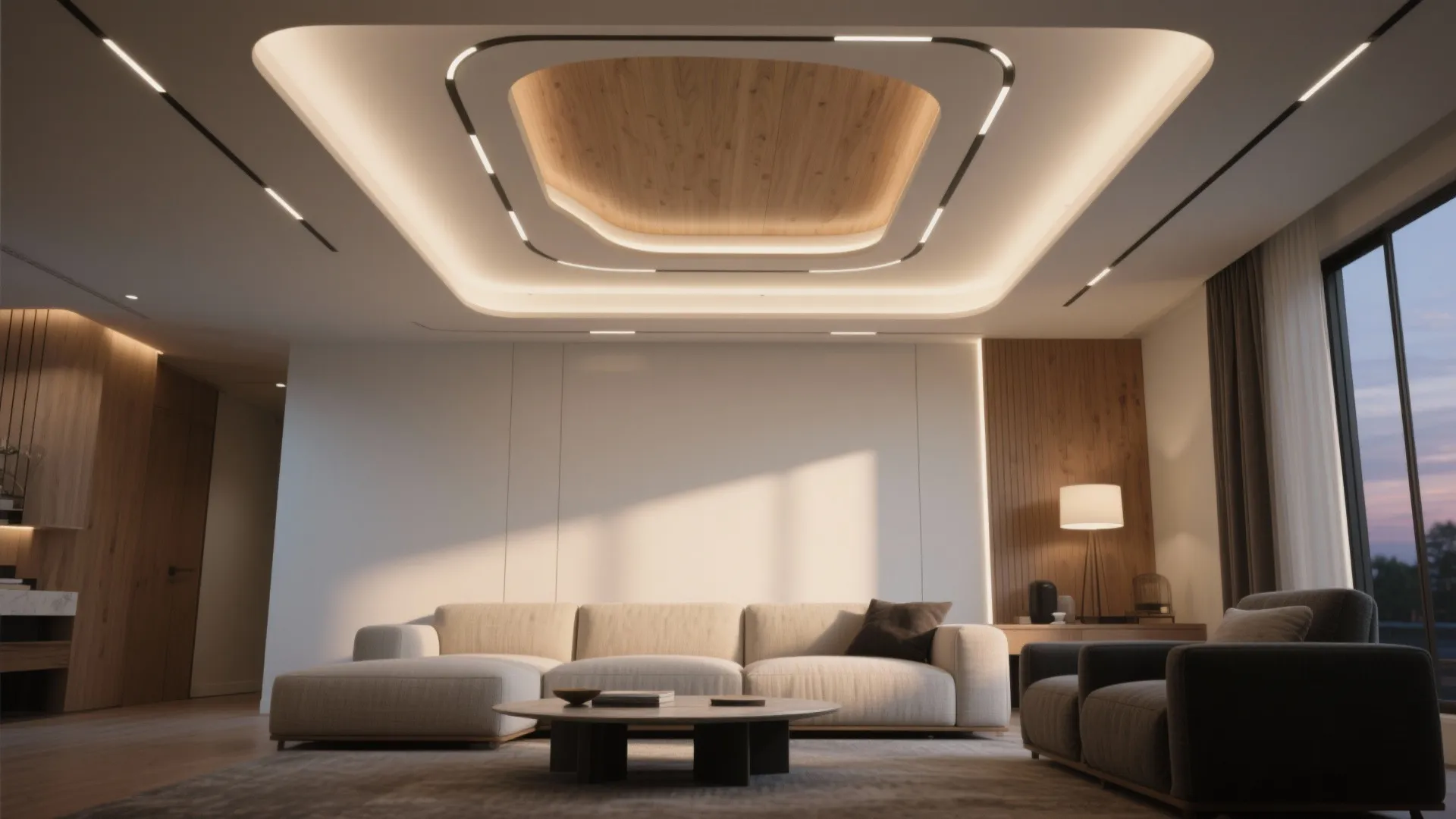 Living room interior featuring a unique layered ceiling light design with wood center and sofa