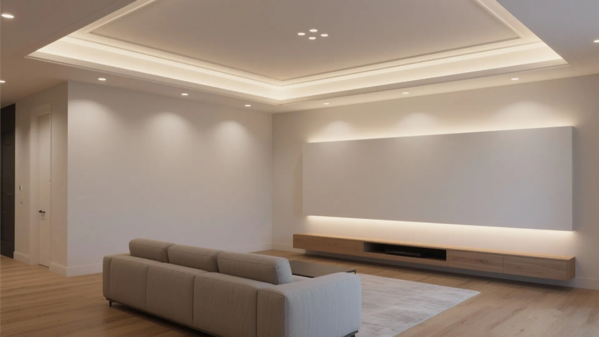 Modern living room with grey sofa wooden floor white wall panel and warm ceiling light