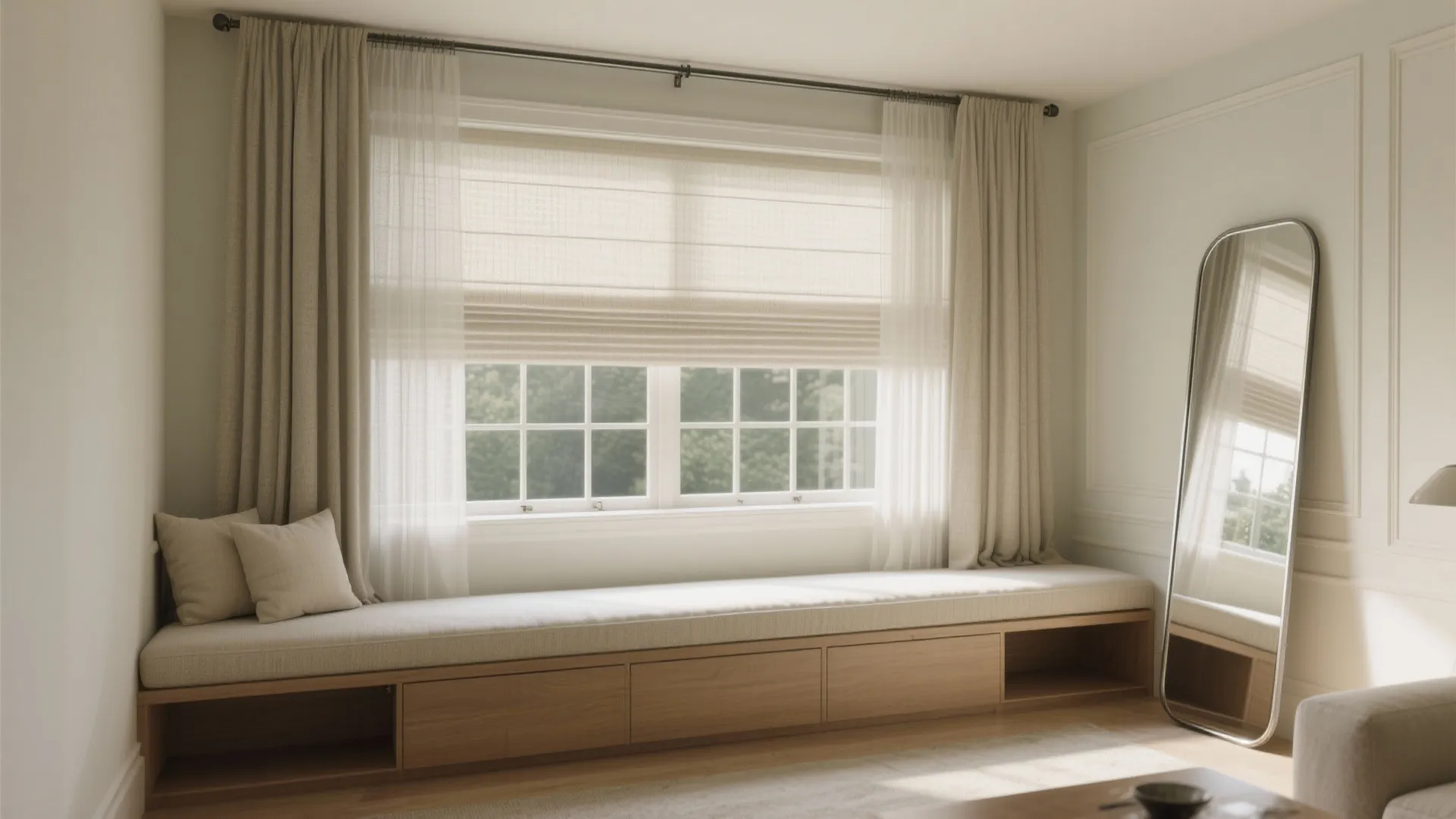 Bright room featuring a long wooden window seat with beige cushions and a large mirror
