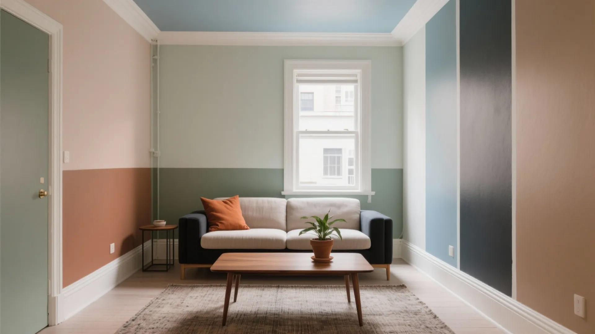 Colorful living room with painted walls sofa wooden coffee table small plant and bright window