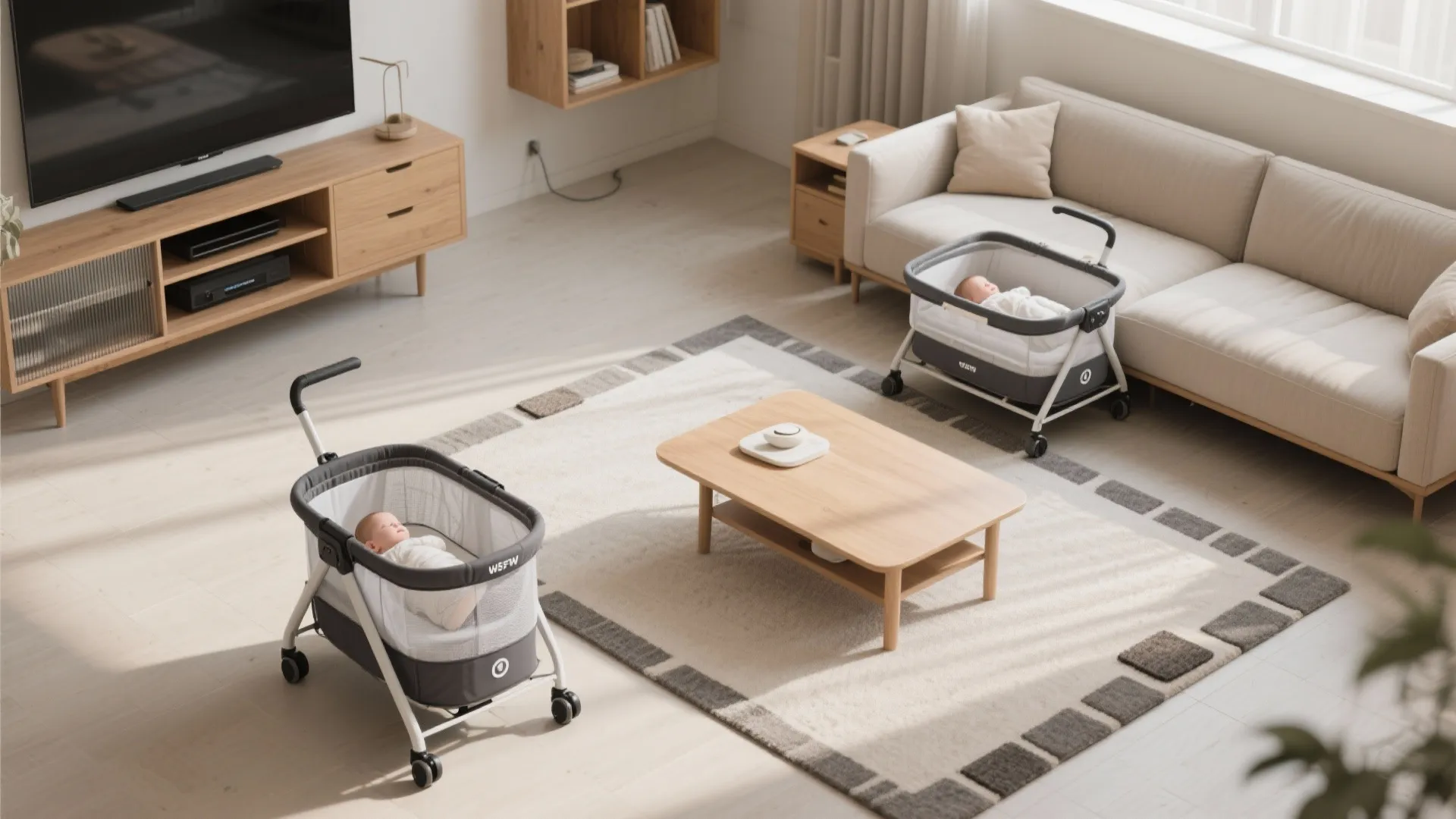 Mobile, modular setup with a compact bassinet