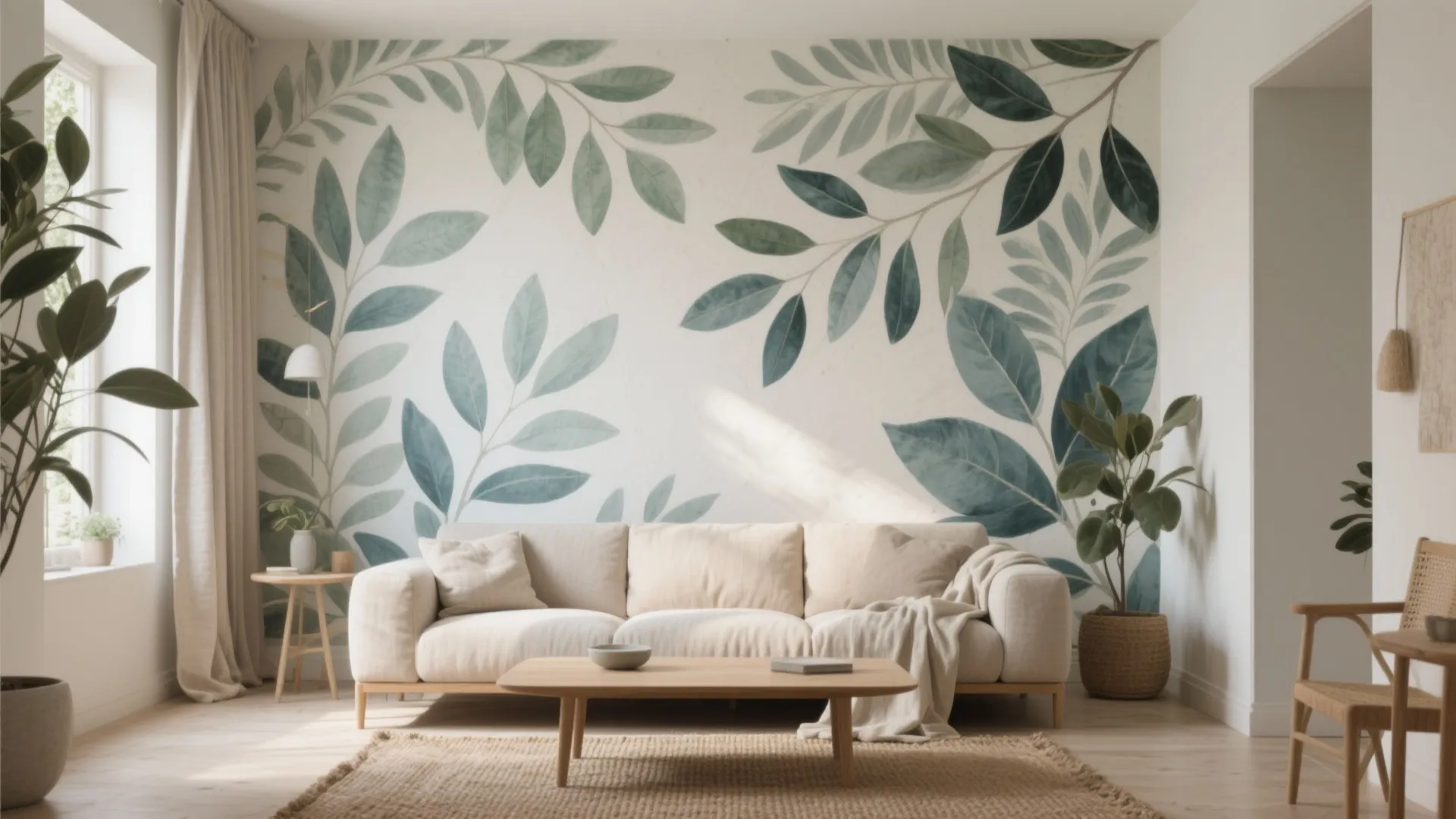 Bright living room with cream sofa placed against a large wall mural featuring green leaf patterns