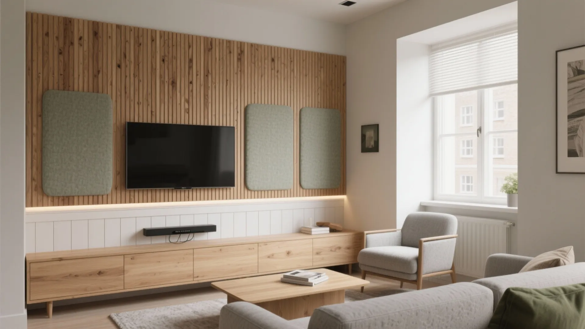 Living room featuring wood wall panel green accents grey sofa wooden cabinet and large windows