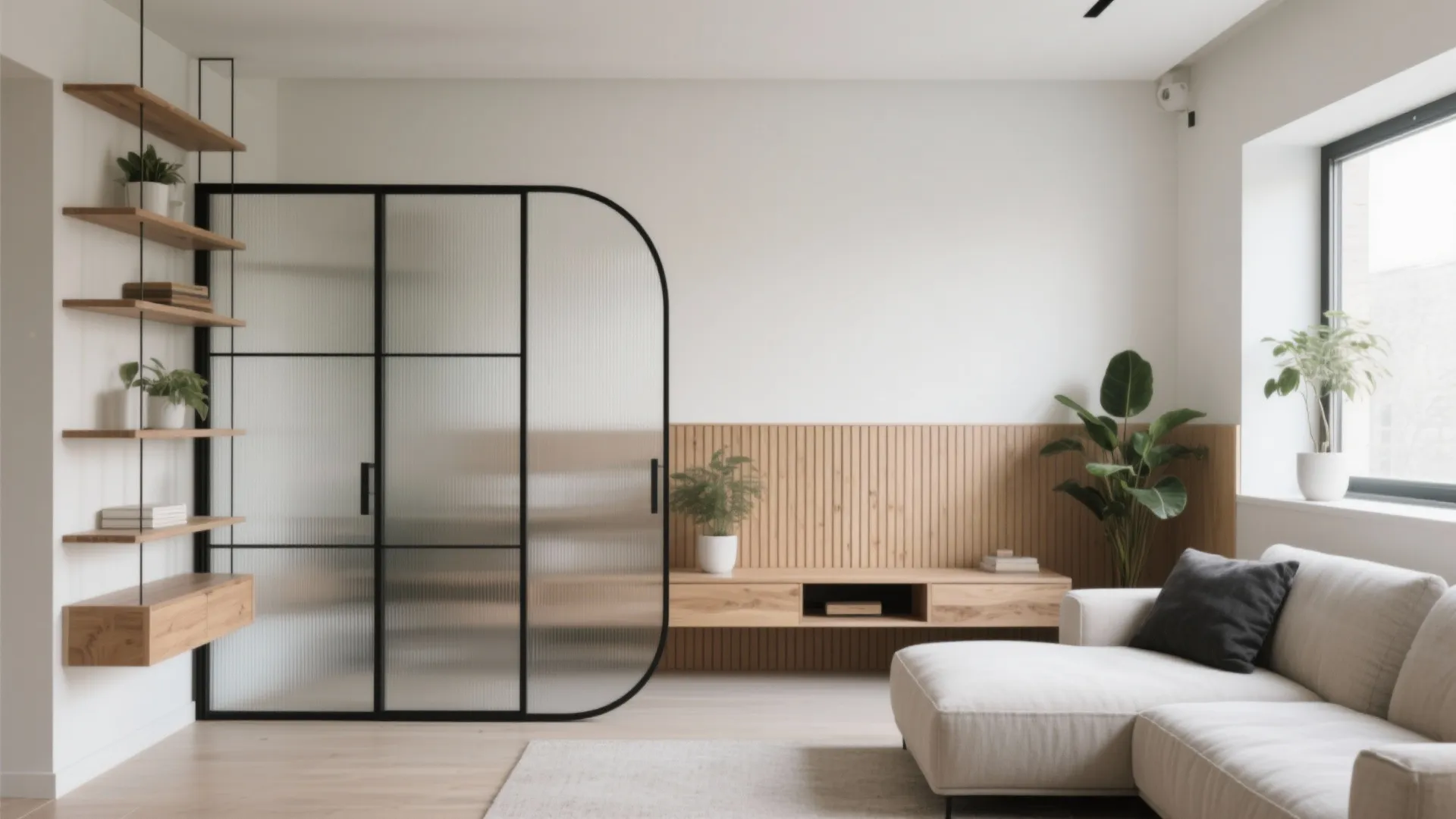 Modern living room featuring glass room divider wooden wall panels white sofa and open shelving unit