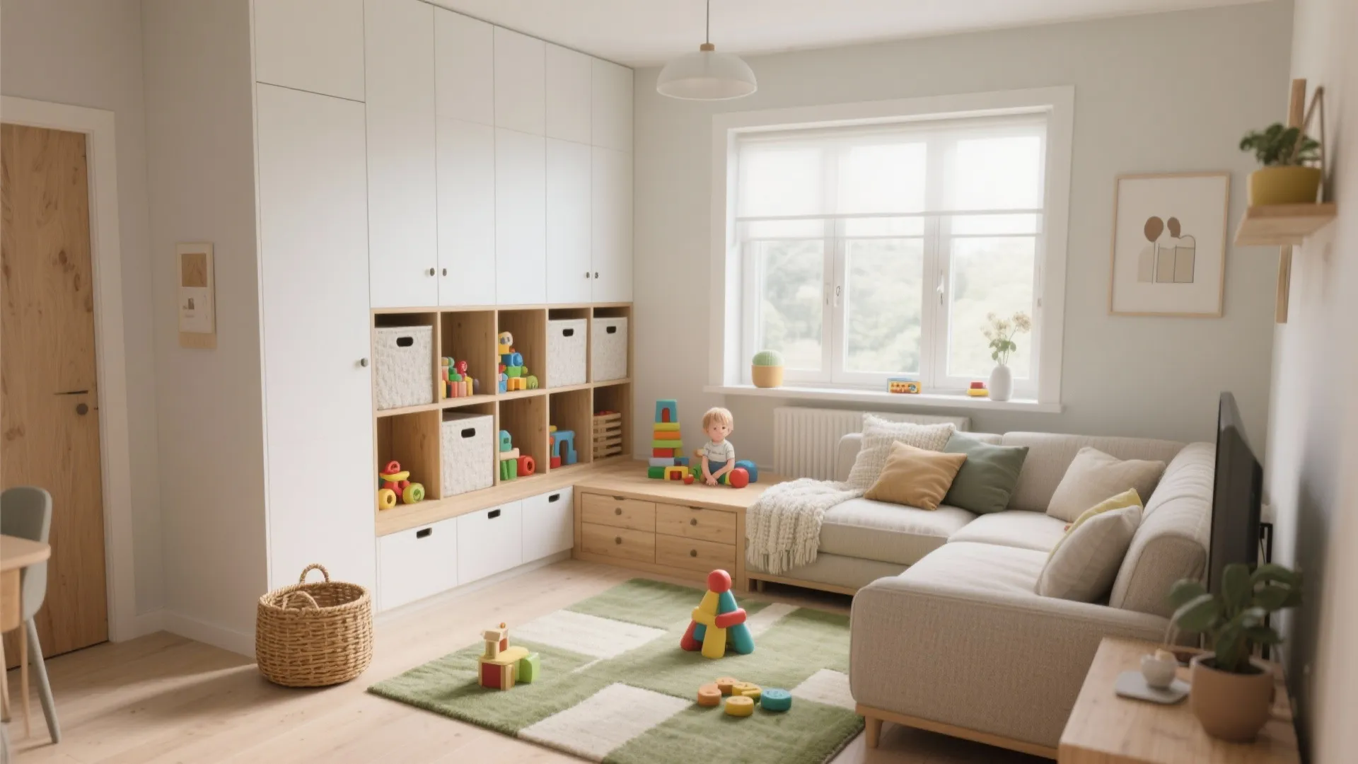 Playroom with white cabinets wooden toy shelves beige sofa green rug and lots of sunlight