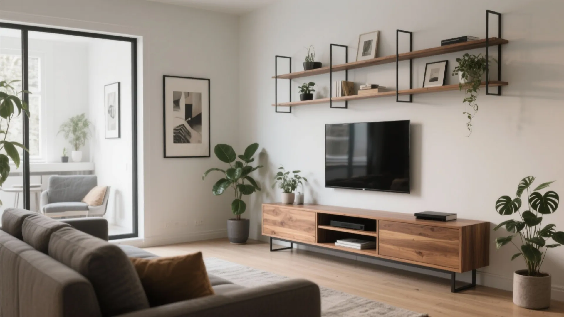 Modern living room featuring a wooden TV cabinet wall shelves green plants and a grey sofa