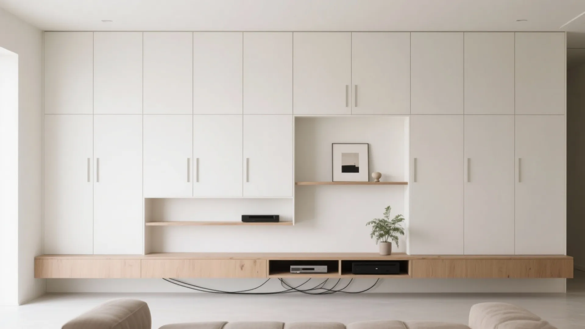 Modern white wall cabinet system with wooden shelf plant and small frame for living room storage