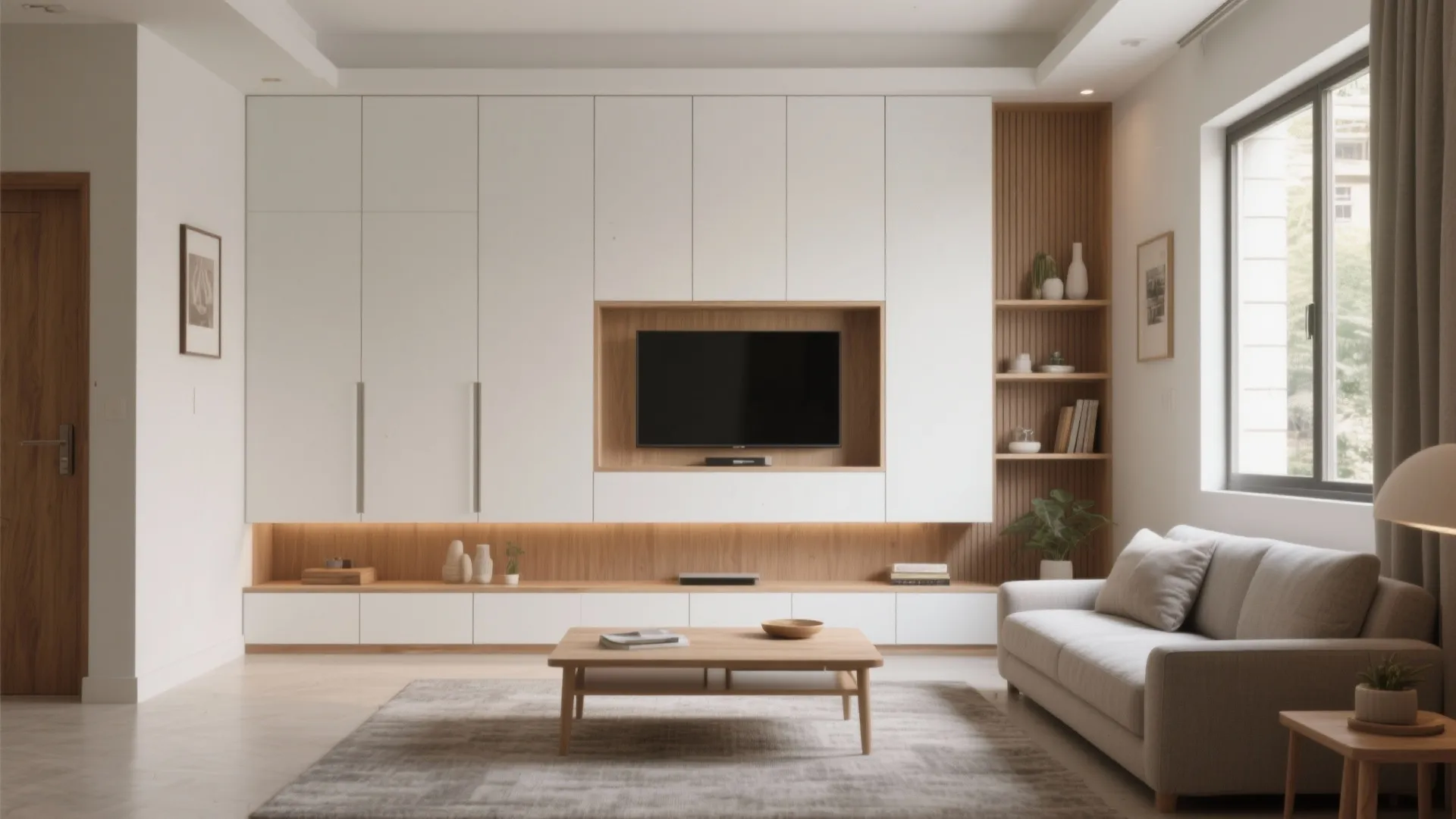 Minimalist storage wall in the living room