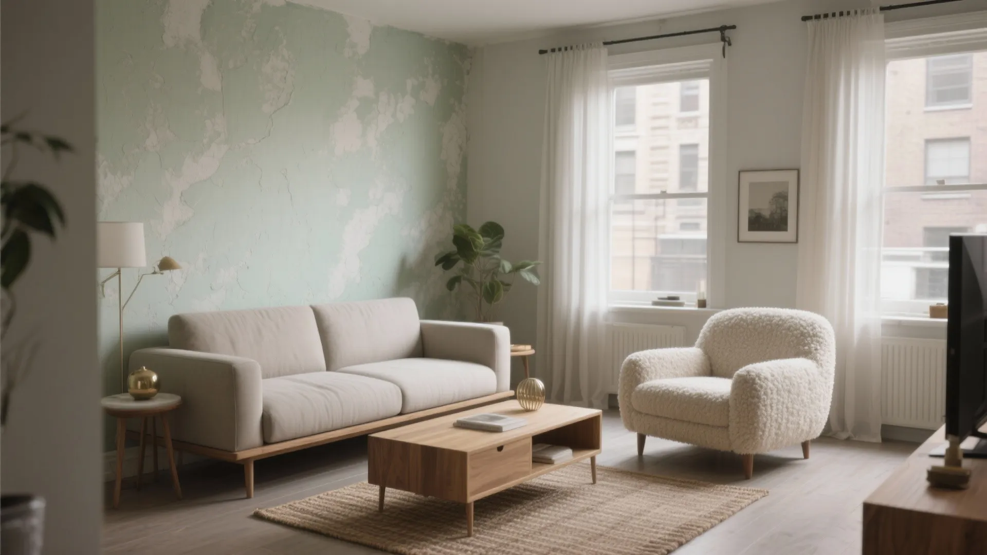 Modern living room with green textured wall beige sofa wooden coffee table and white armchair