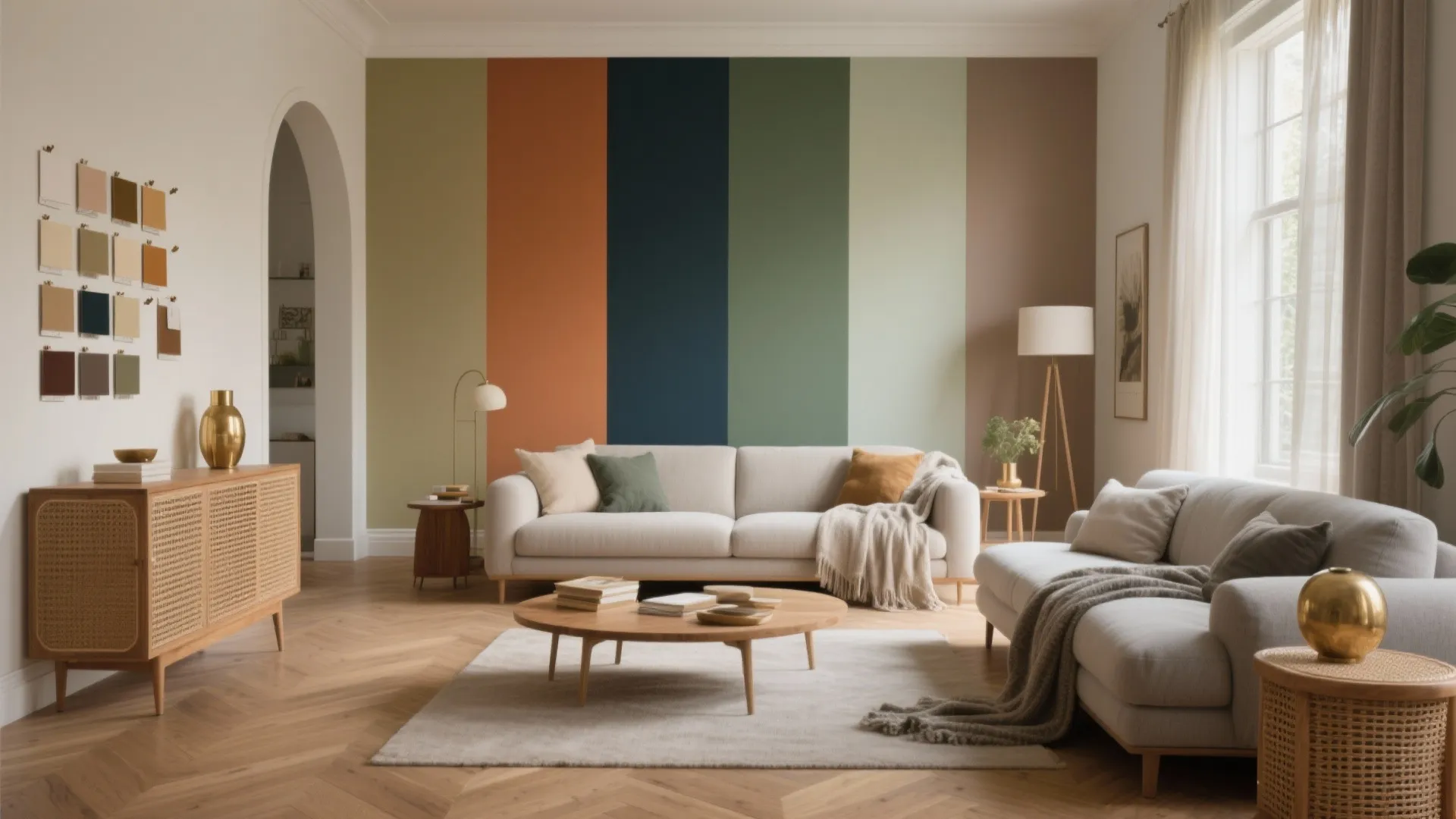 Modern living room featuring colorful vertical wall stripes white sofa wooden coffee table and lamp