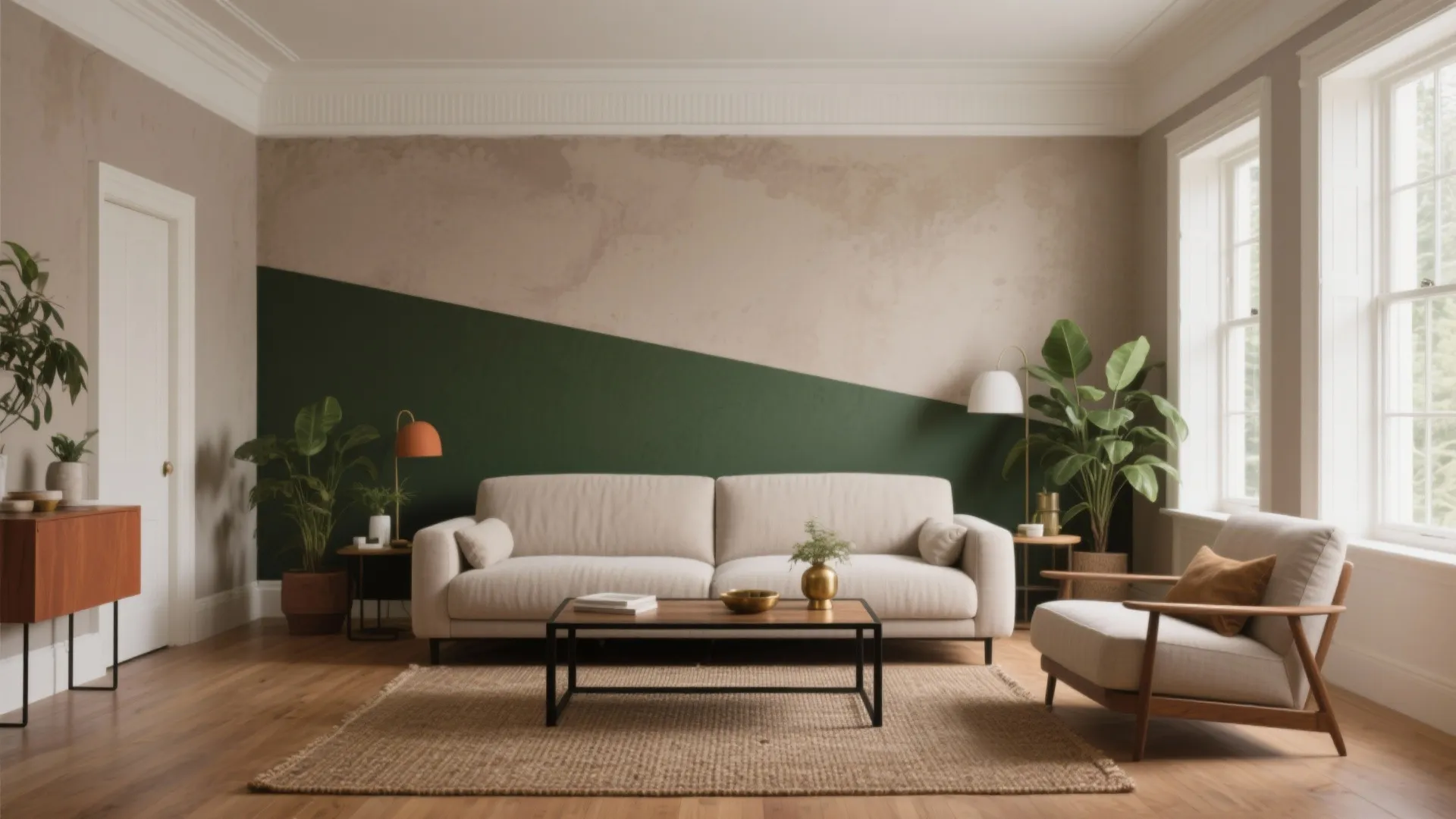Living room with two tone green and beige wall cream sofa armchair rug and wood floor