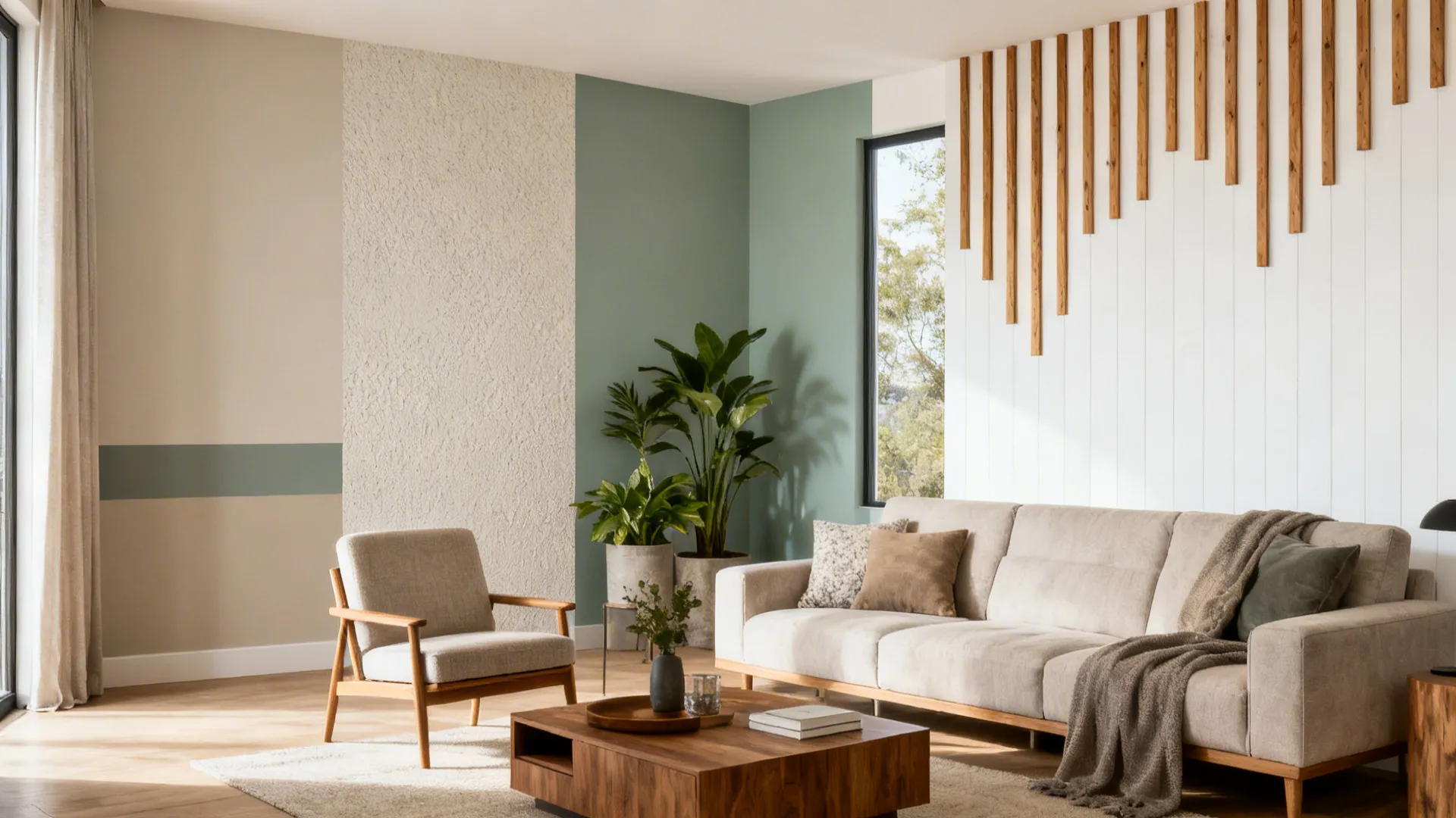 Compact living room showcasing matte neutrals, two-tone bands, sage accent, microcement look, and warm whites with oak.