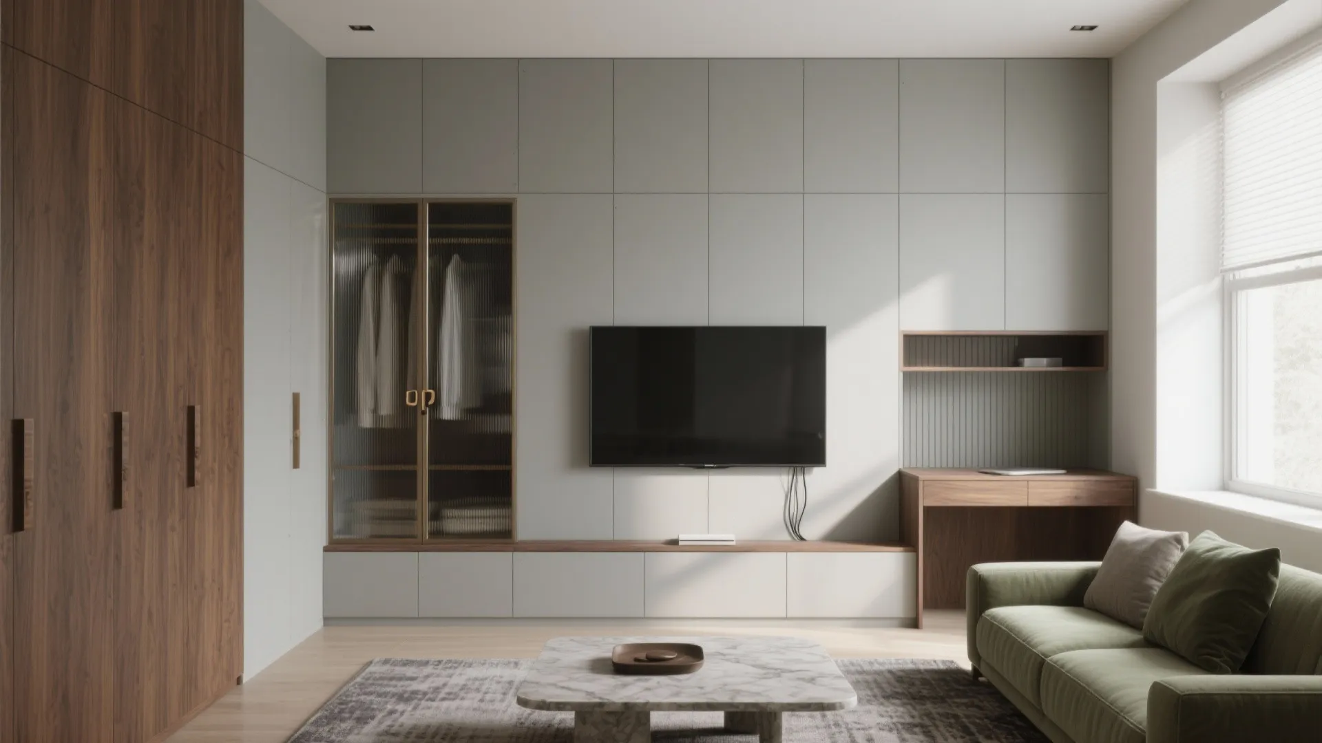 Living room with television mounted on a wall panel and a glass door storage cabinet