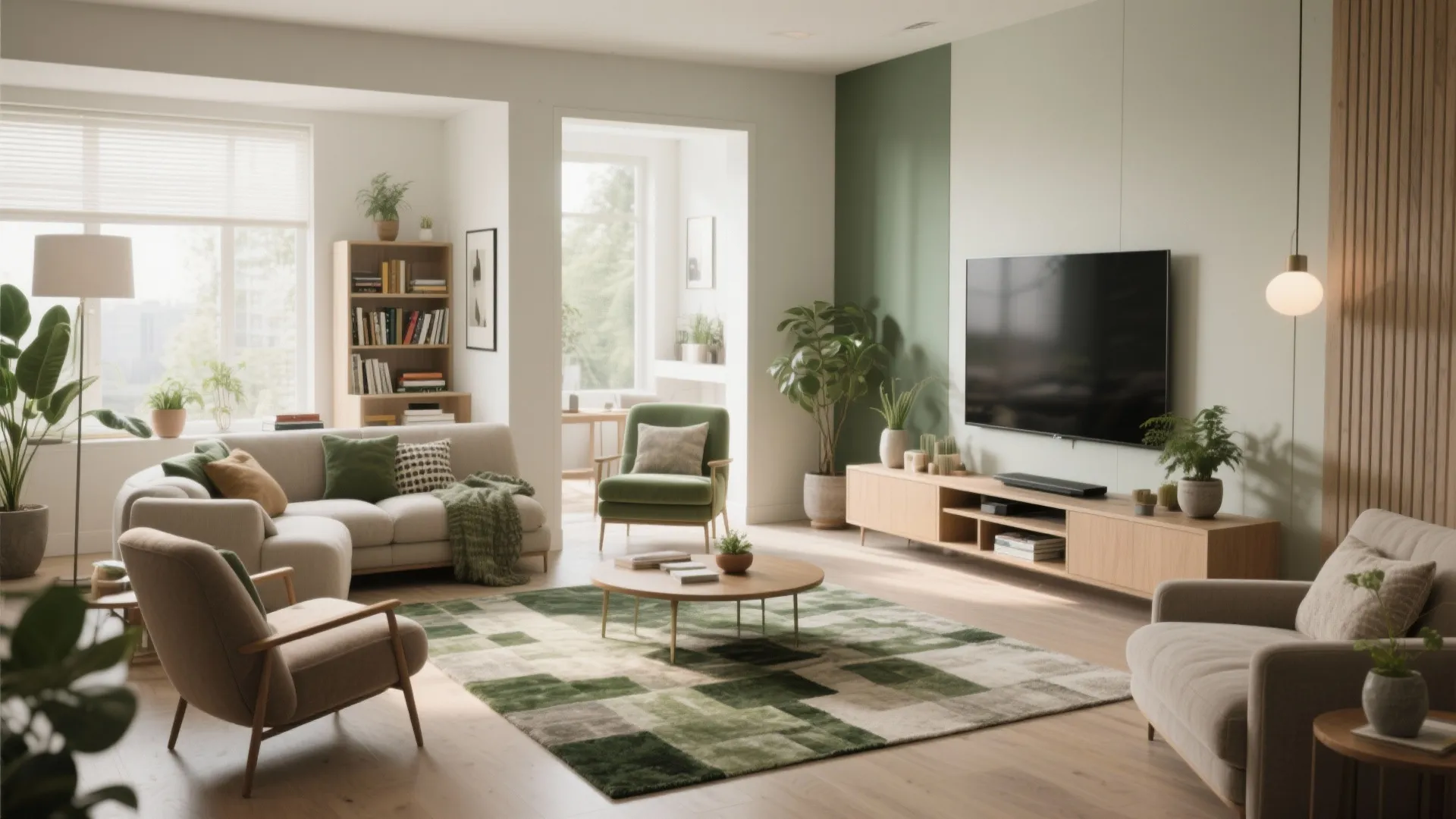 Spacious living room area featuring green rug beige sofa wooden furniture and big television screen