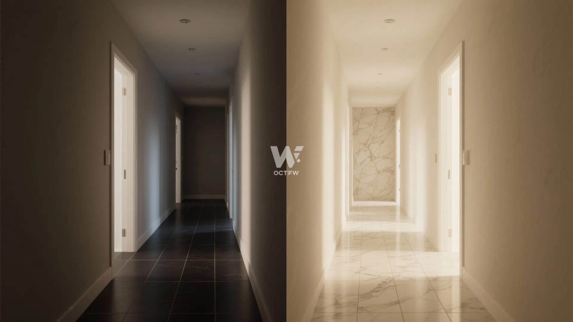Side-by-side comparison of a dark hallway versus a bright hallway with white marble floor tiles