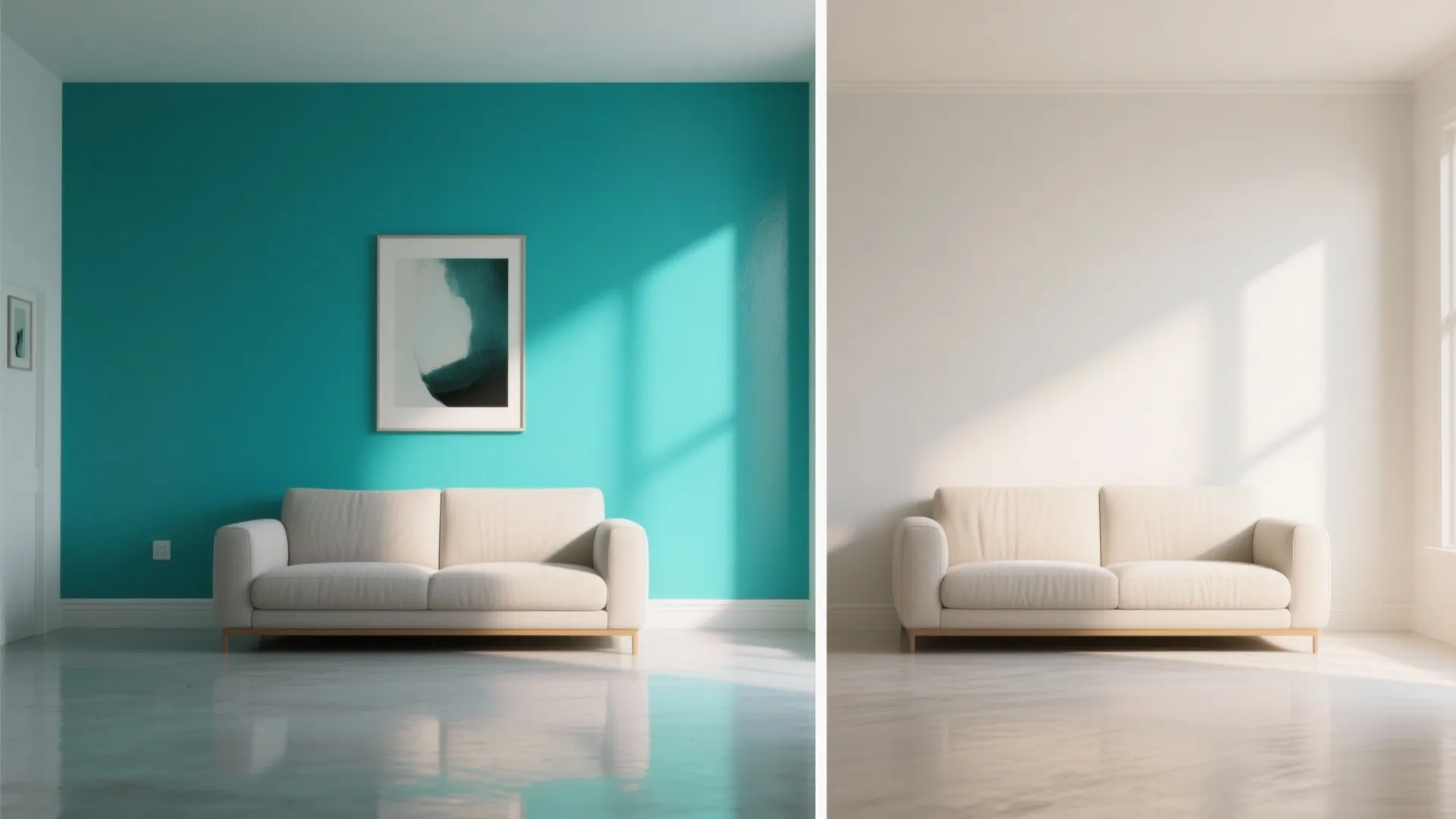 Side by side comparison of a teal accent wall versus a plain white living room