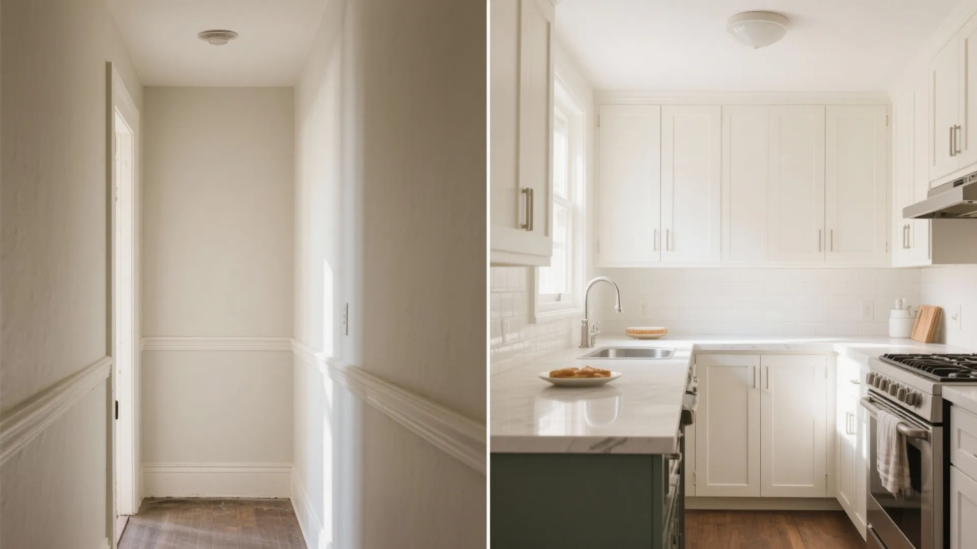 Side by side comparison of empty hallway with wall panel and bright white modern kitchen