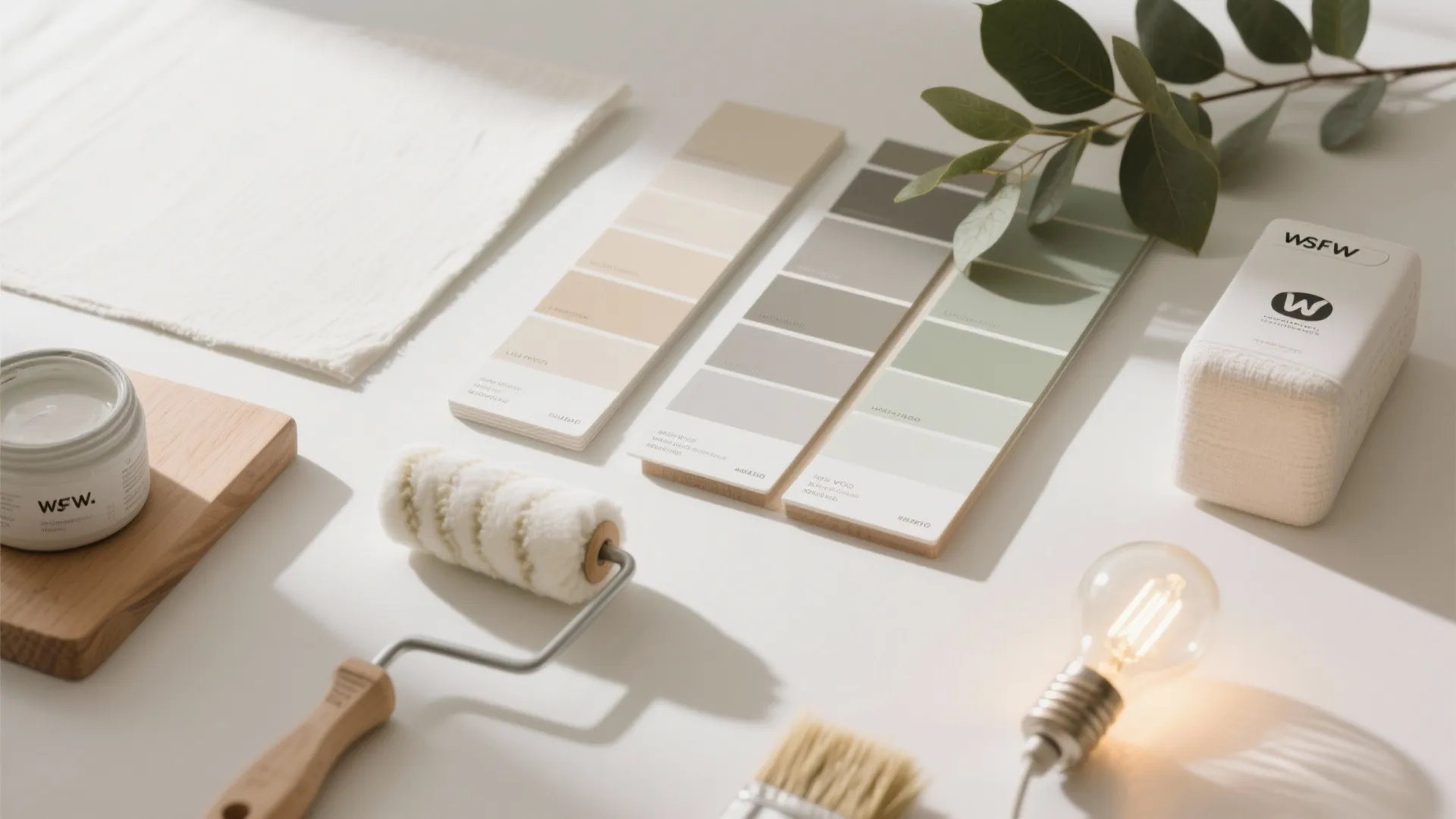Paint samples with paint roller, brush, light bulb, and green plant leaf on white background