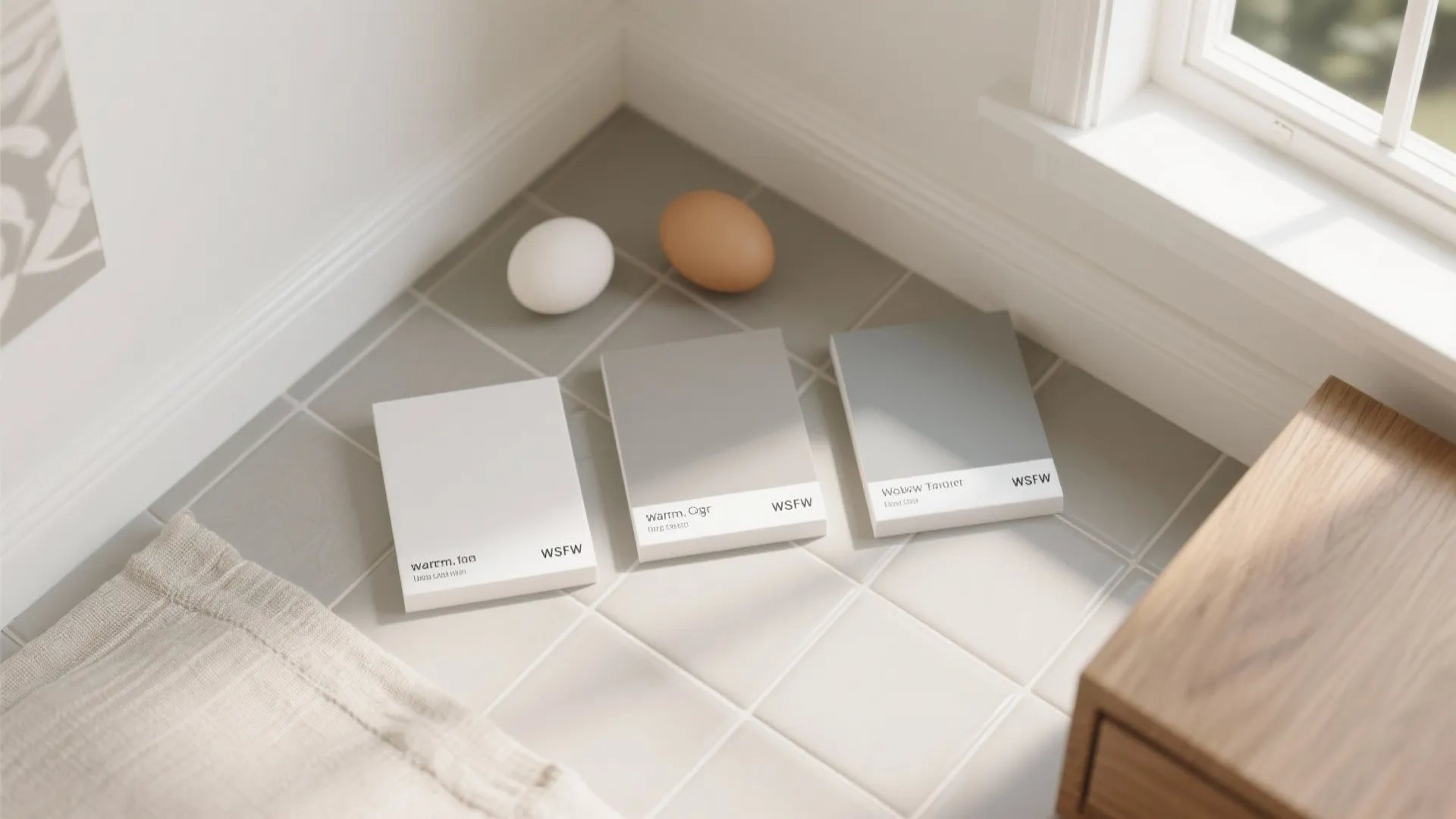 Three grey paint color cards on a tiled floor near a window with two eggs