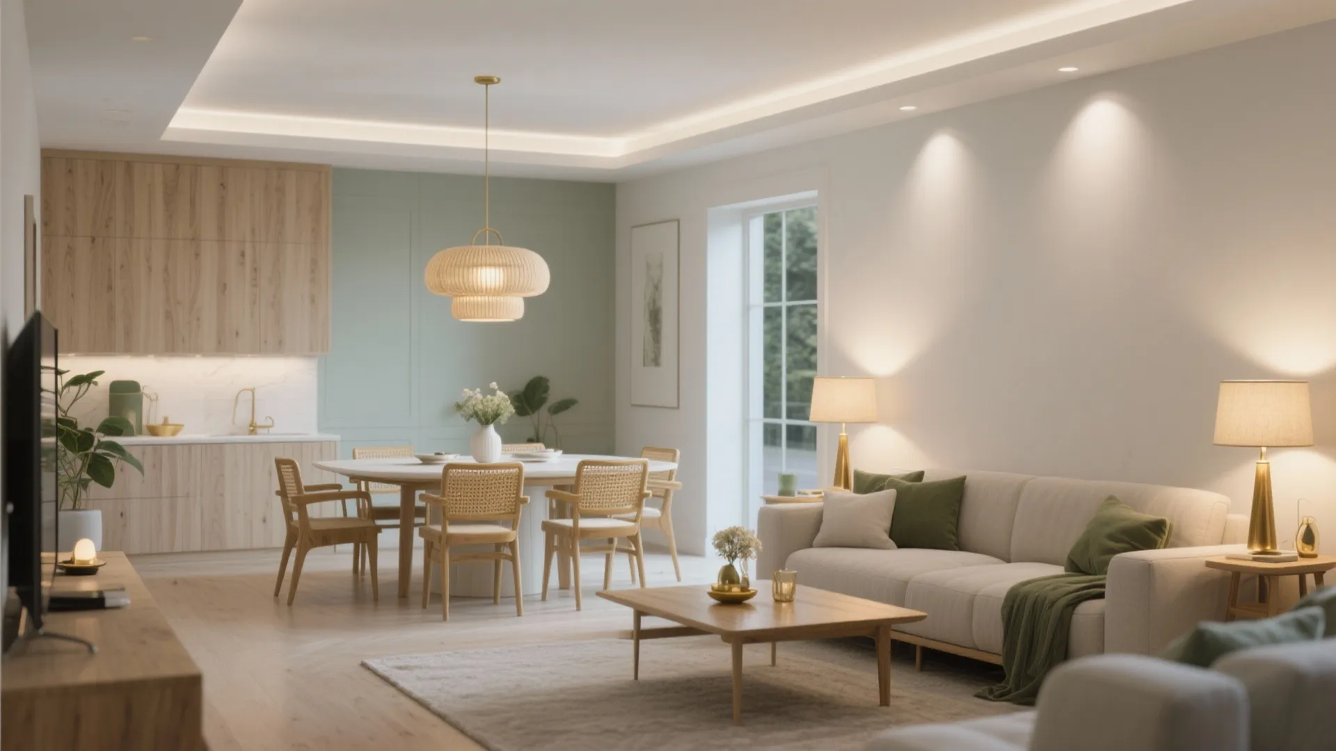 Light, reflective finishes + pendant layering