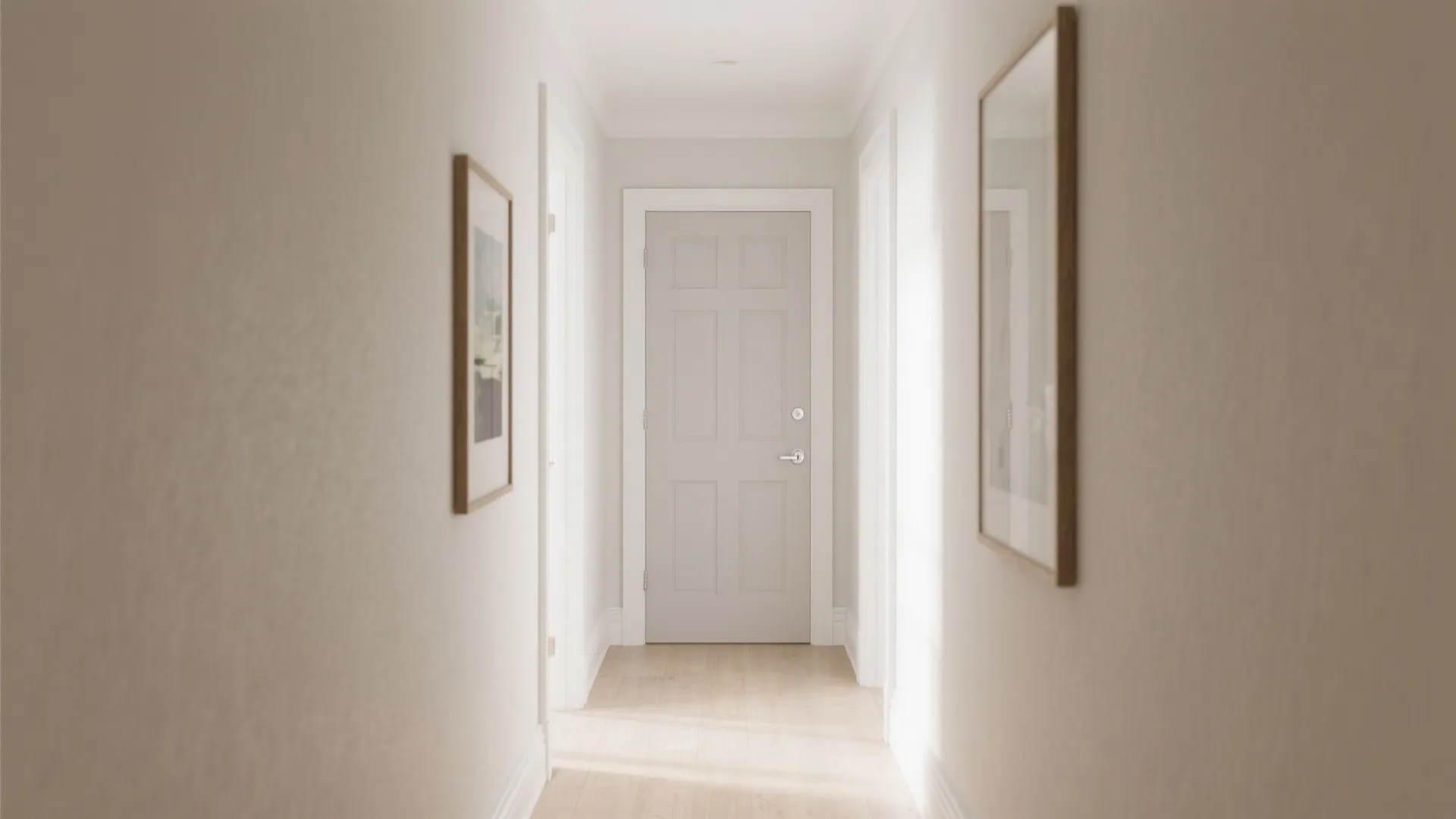 Bright hallway with light wooden floors and framed pictures leading to a simple grey door