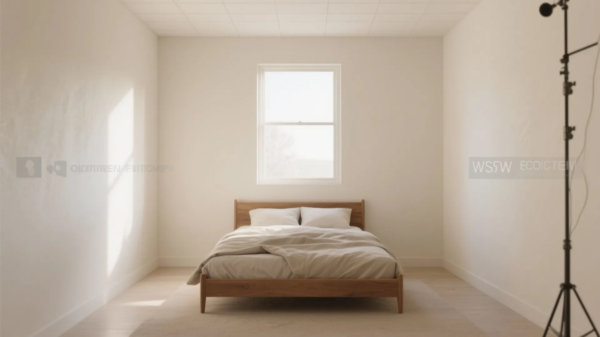Minimalist bedroom with wooden bed frame white bedding natural light through window and cream colored walls