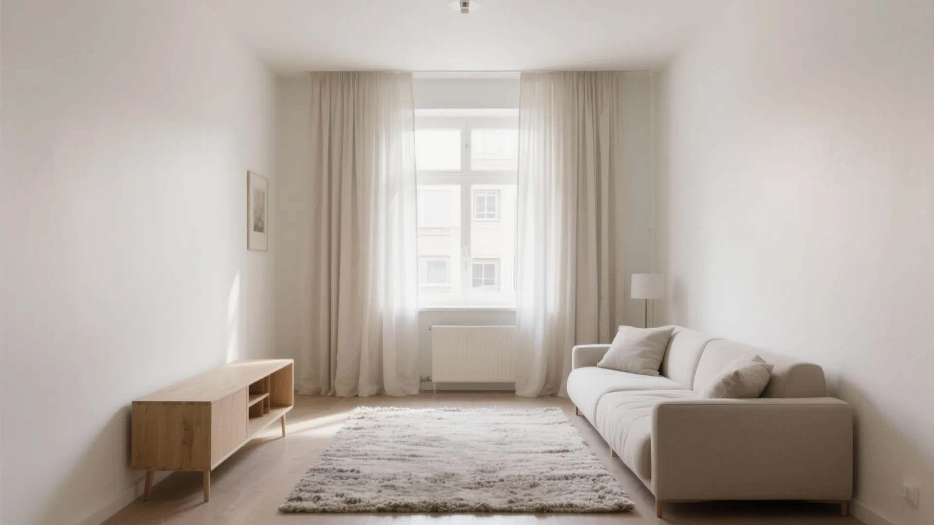Minimalist living room with white sofa wooden cabinet grey rug white curtain and natural light