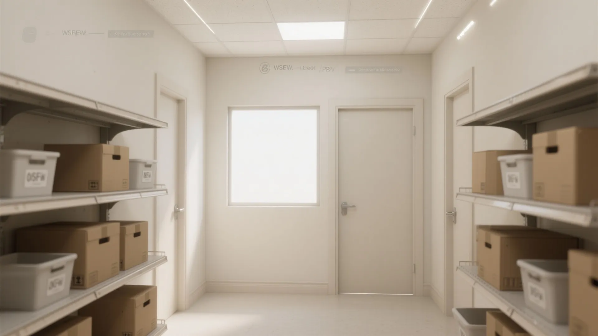 Bright storage room with white walls metal shelves brown boxes white doors and natural light
