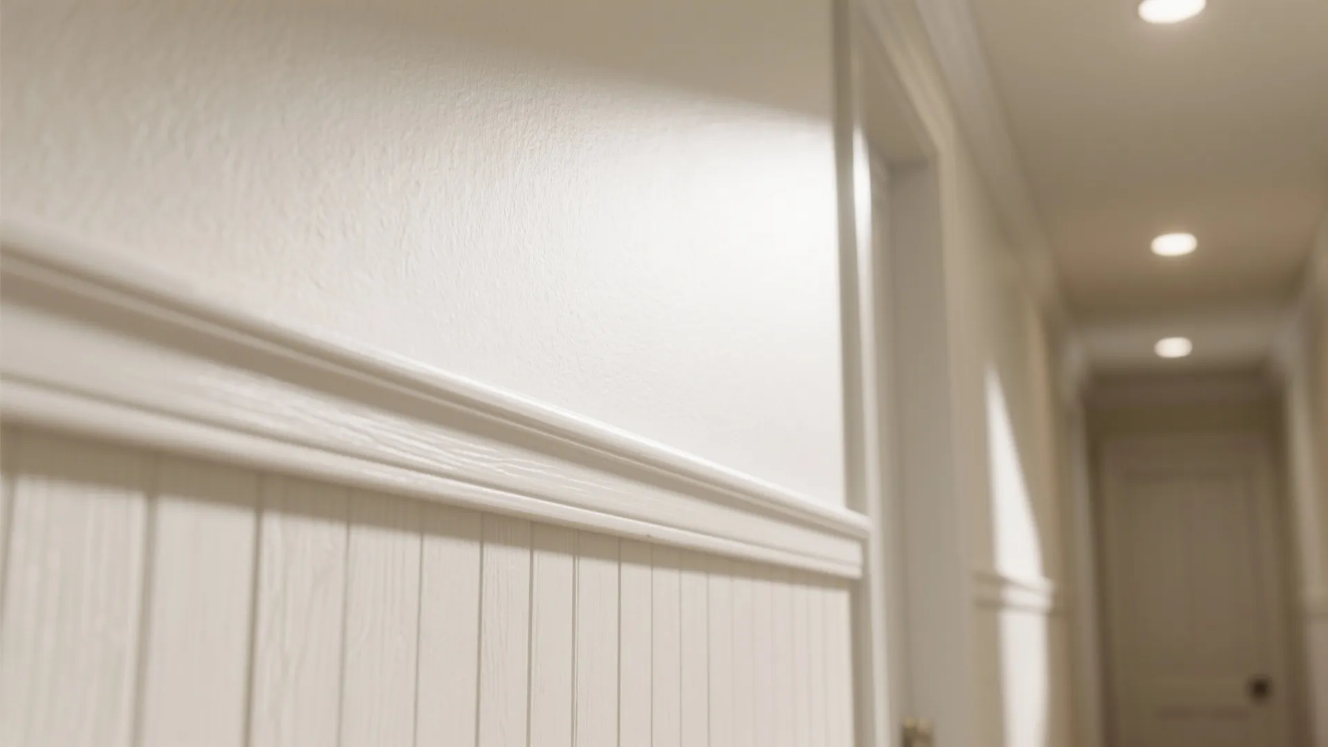 Macro of wall and semi-gloss trim showing soft light bounce and sheen differences for a brighter hallway.