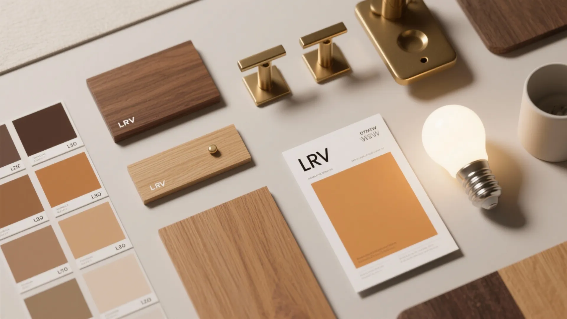 Interior design mood board with wood samples gold hardware color swatches and a glowing light bulb