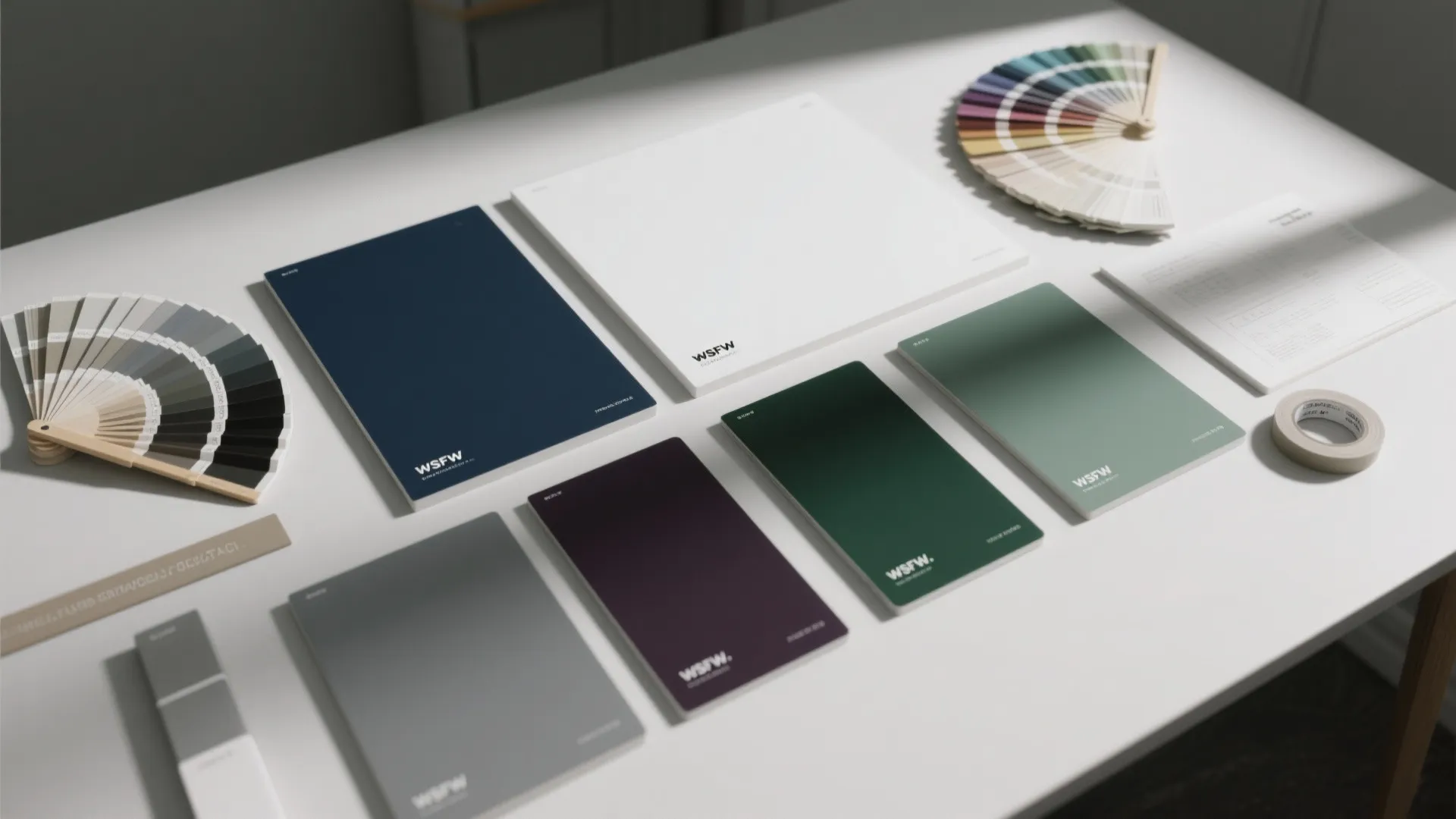 Color swatches and design books on a white table with paint fans for home renovation