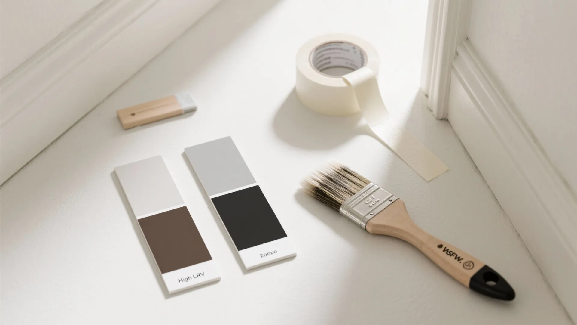 Paint color samples with a wooden brush and white tape on a light colored floor