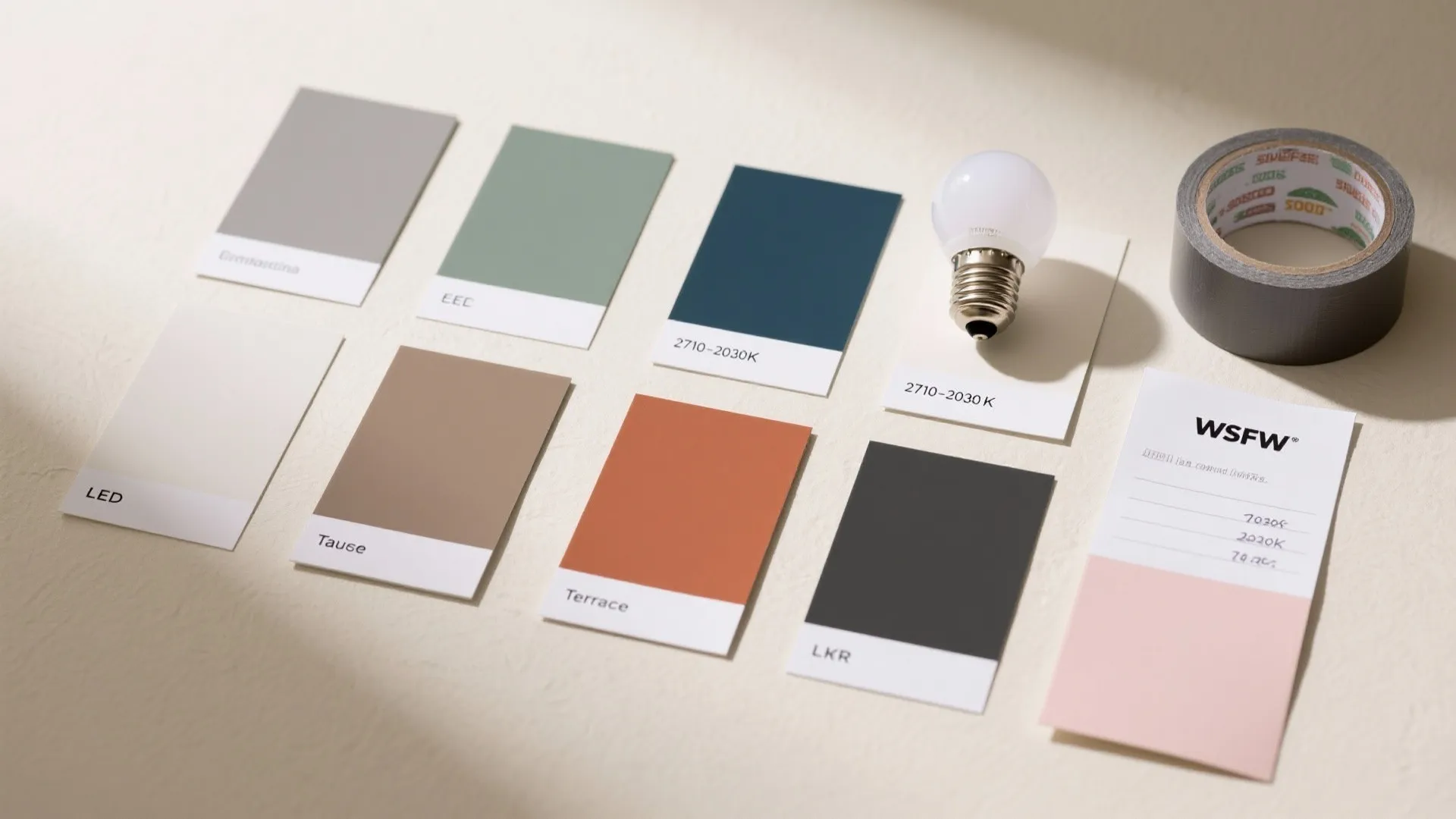 Multiple paint color samples on a table with light bulb gray tape and paper note