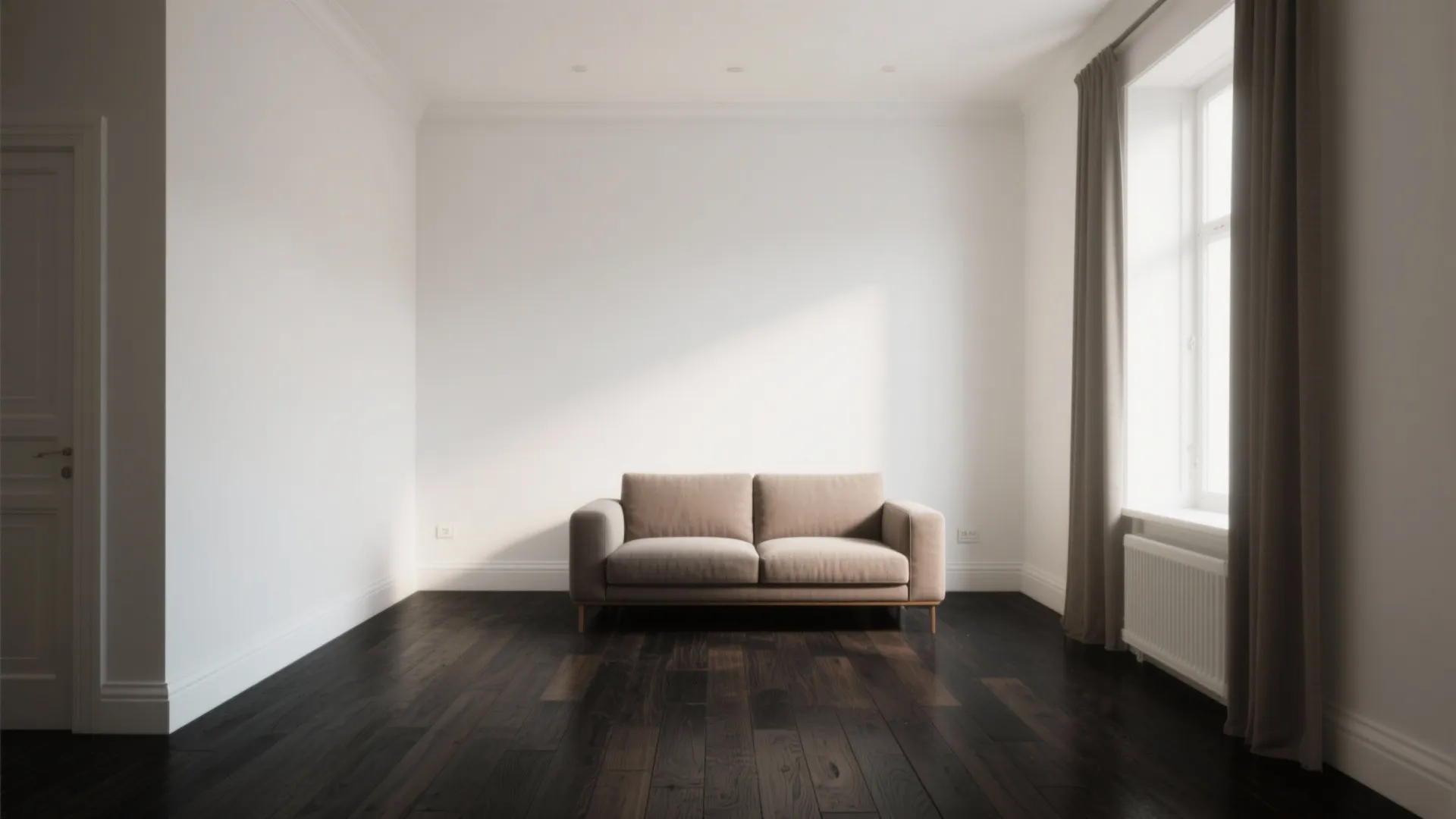 High-LRV warm white walls and tall crisp baseboards lighten a room with near-black oak floors.