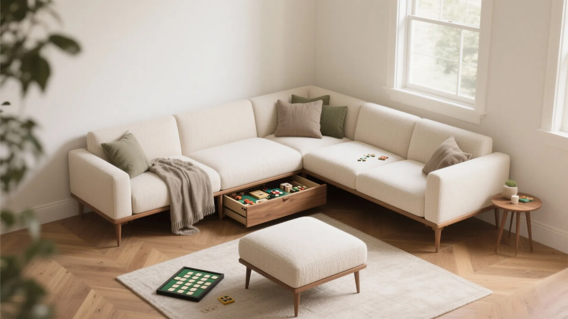 L-shaped corner seating with hidden storage