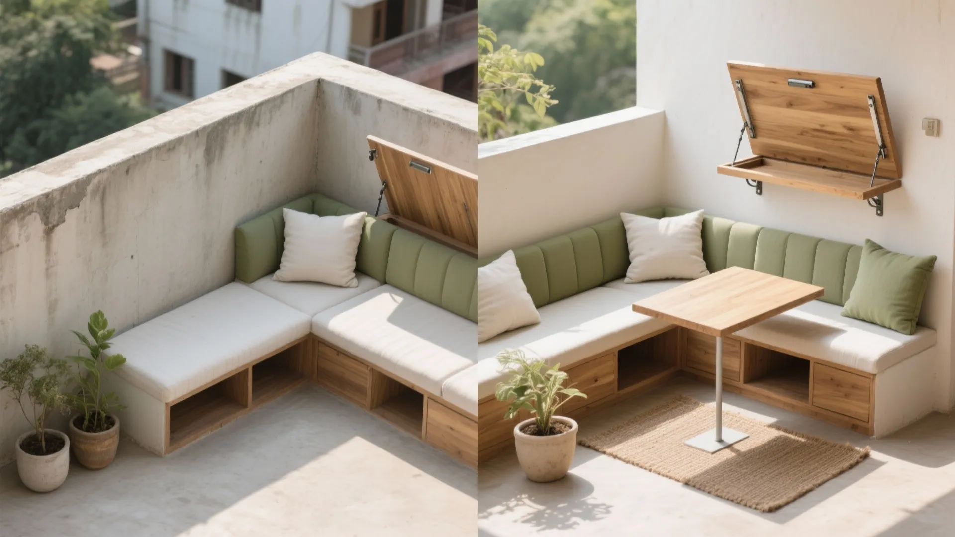 Before and after comparison of balcony seating with hidden storage and a wall mounted table