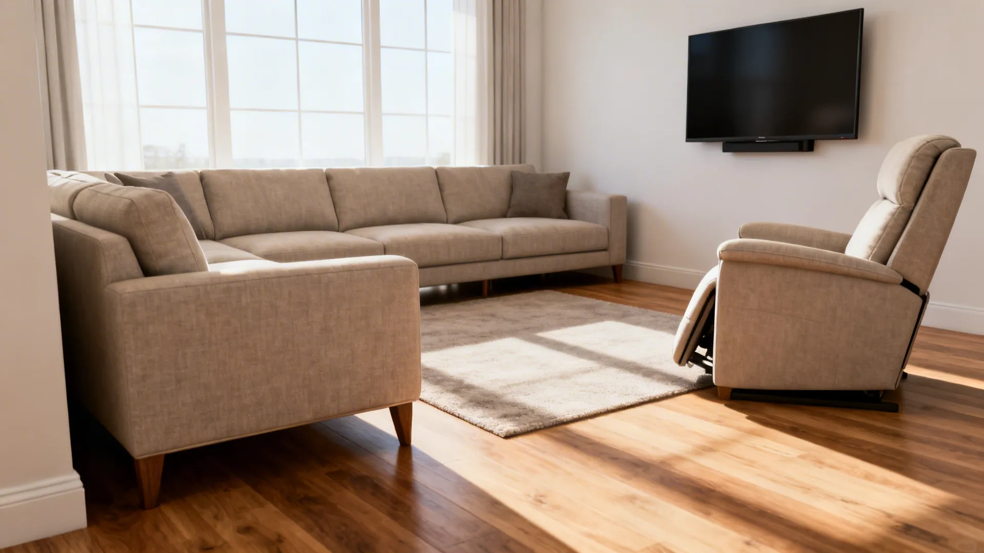 L-shaped sectional against walls with a recliner opposite as an accent chair and open sightlines to the TV.