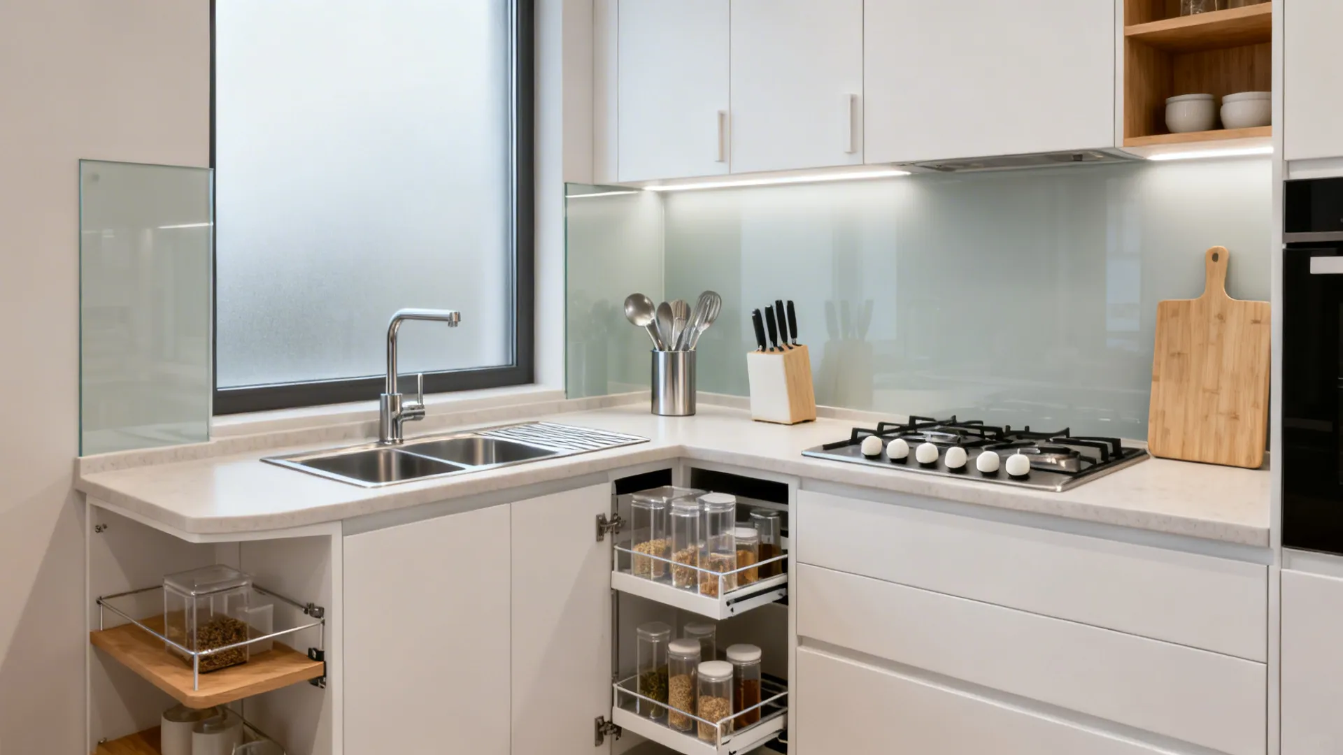 Compact L-shaped kitchen with clear 1,000 mm aisle and optimized corner storage.